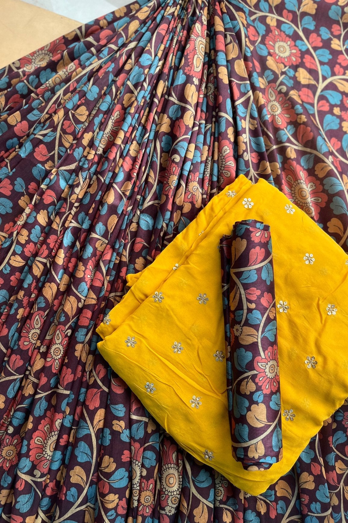 Wine And Yellow Unstitched Lehenga Set (3 Piece) - doeraa