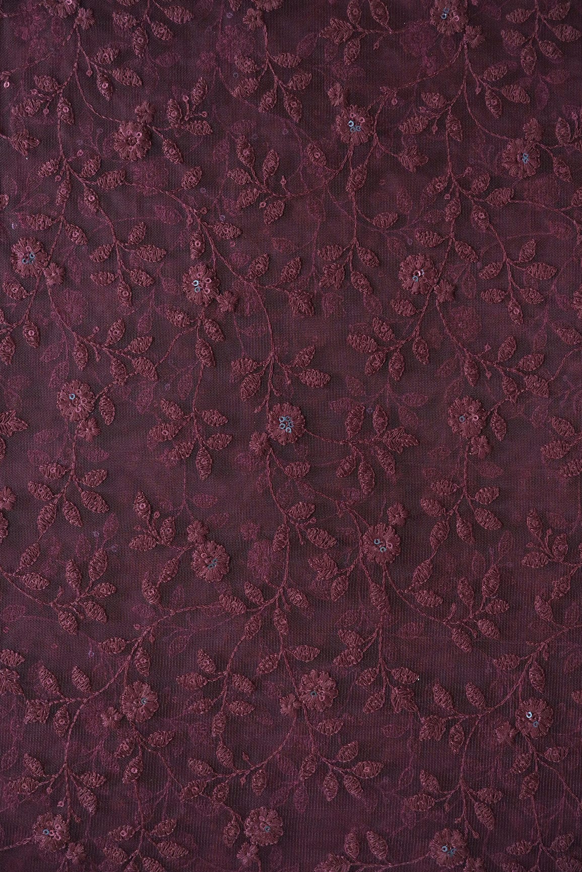 Wine Thread And Sequins Floral Heavy Embroidery Work On Wine Soft Net Fabric - doeraa