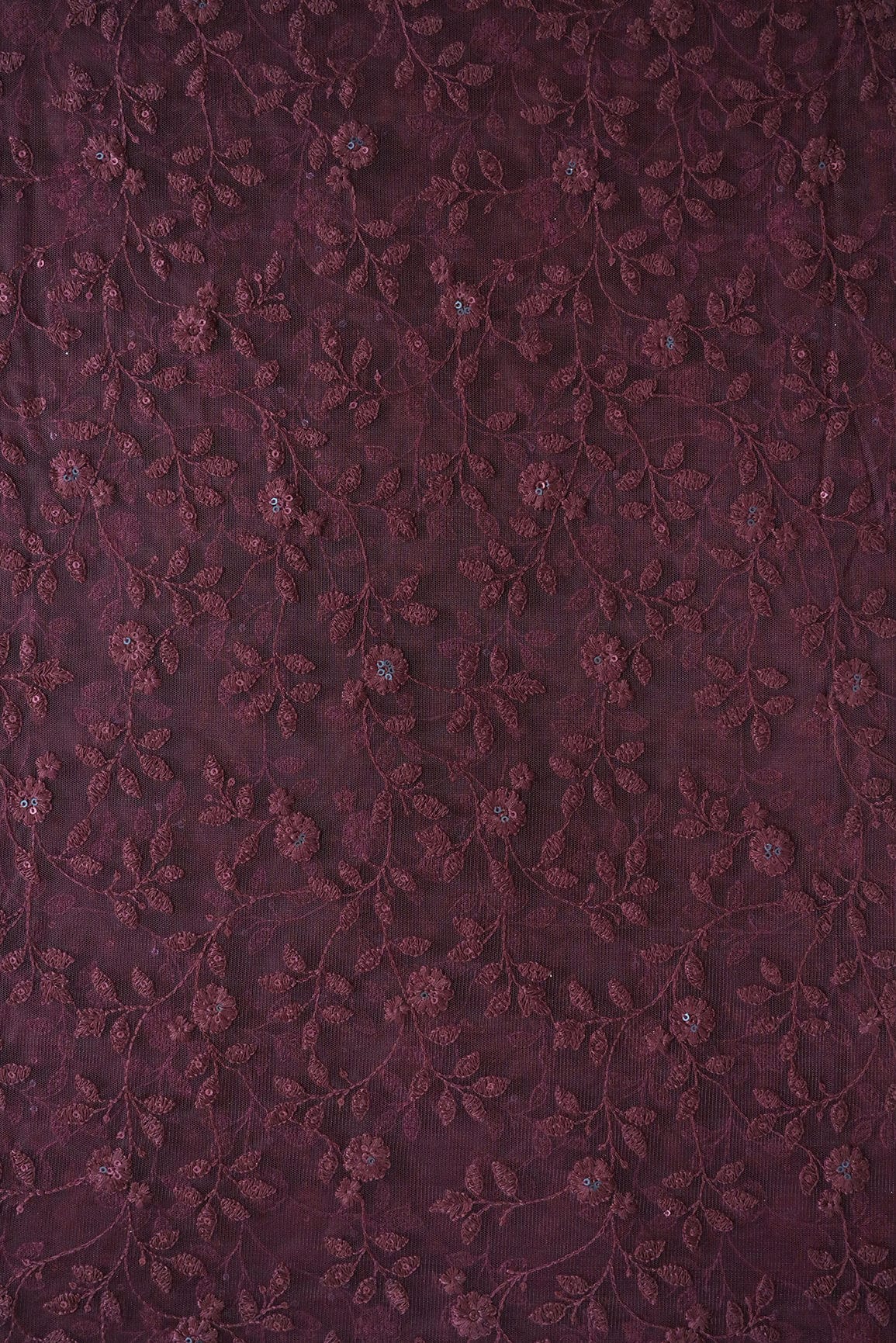 Wine Thread And Sequins Floral Heavy Embroidery Work On Wine Soft Net Fabric - doeraa