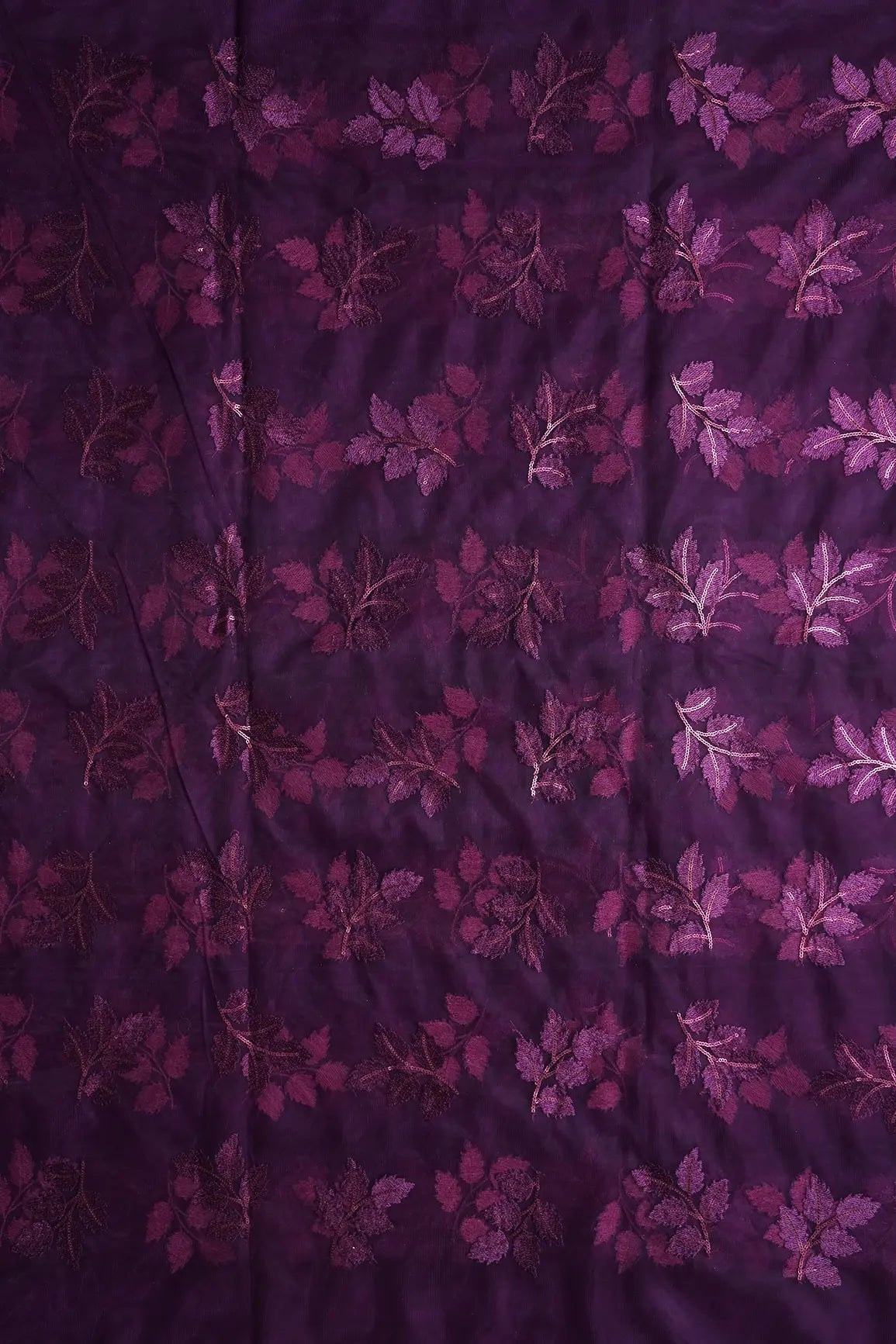 Wine Thread With Sequins Leafy Embroidery Work On Wine Soft Net Fabric - doeraa