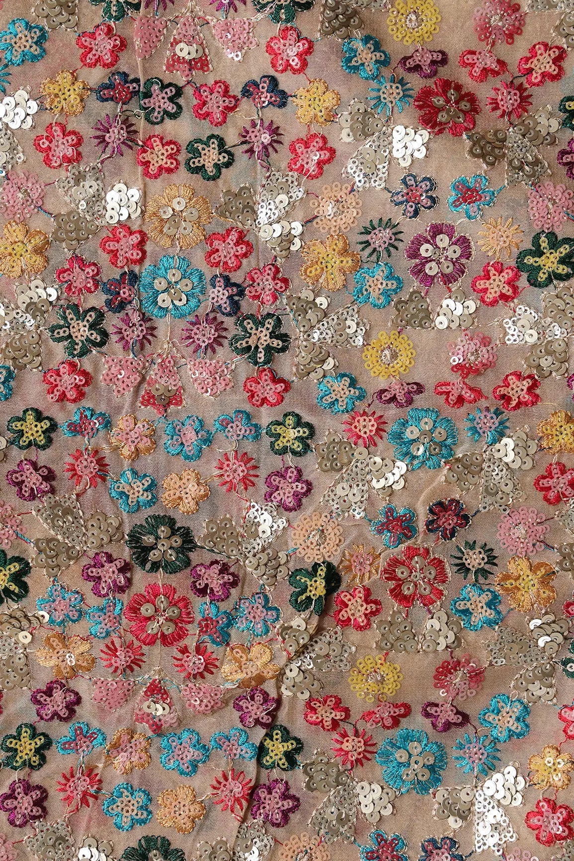 Wonderful Multi Thread With Multi Sequins Floral Embroidery On Beige Viscose Georgette Fabric - doeraa