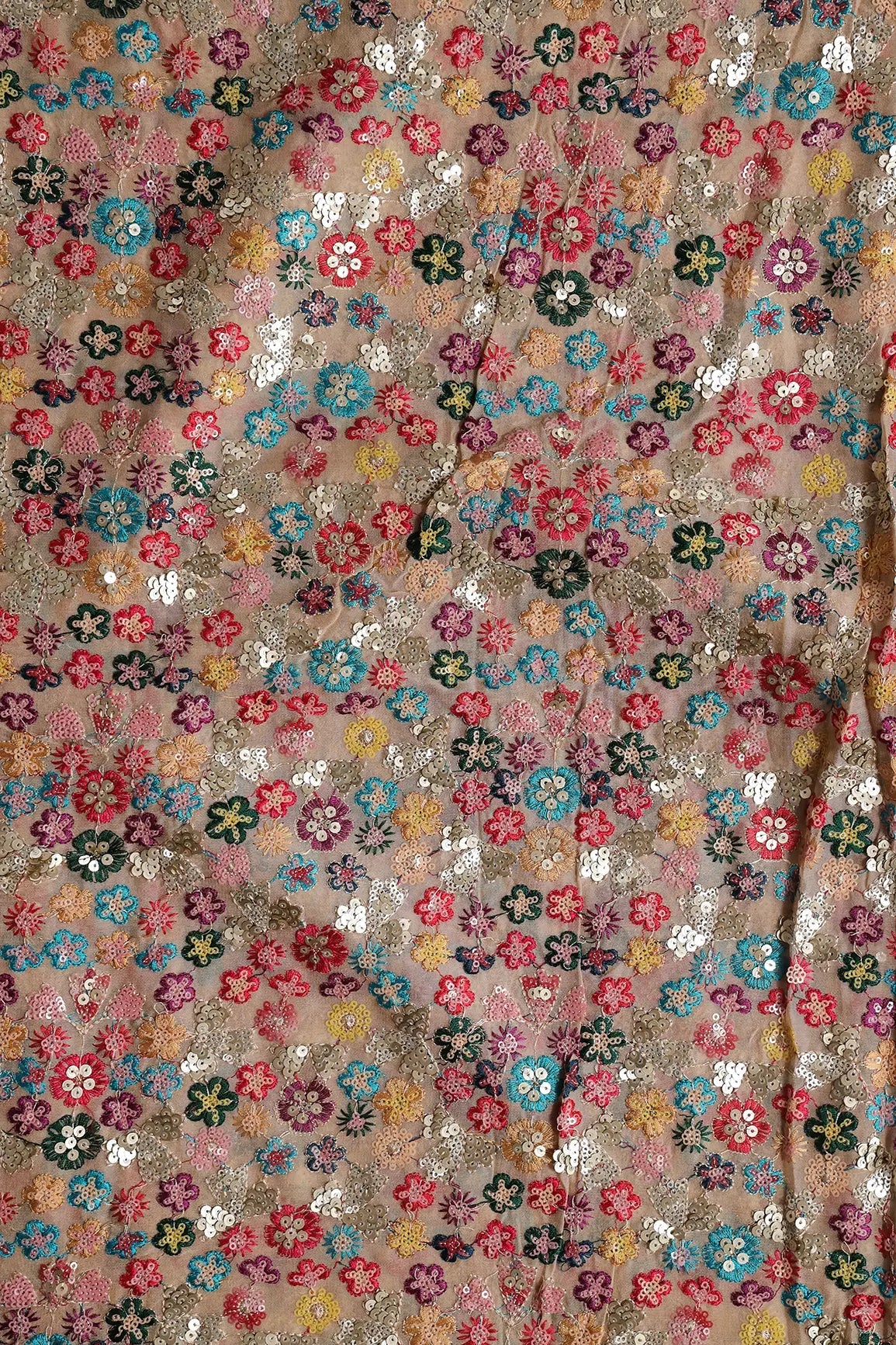 Wonderful Multi Thread With Multi Sequins Floral Embroidery On Beige Viscose Georgette Fabric - doeraa