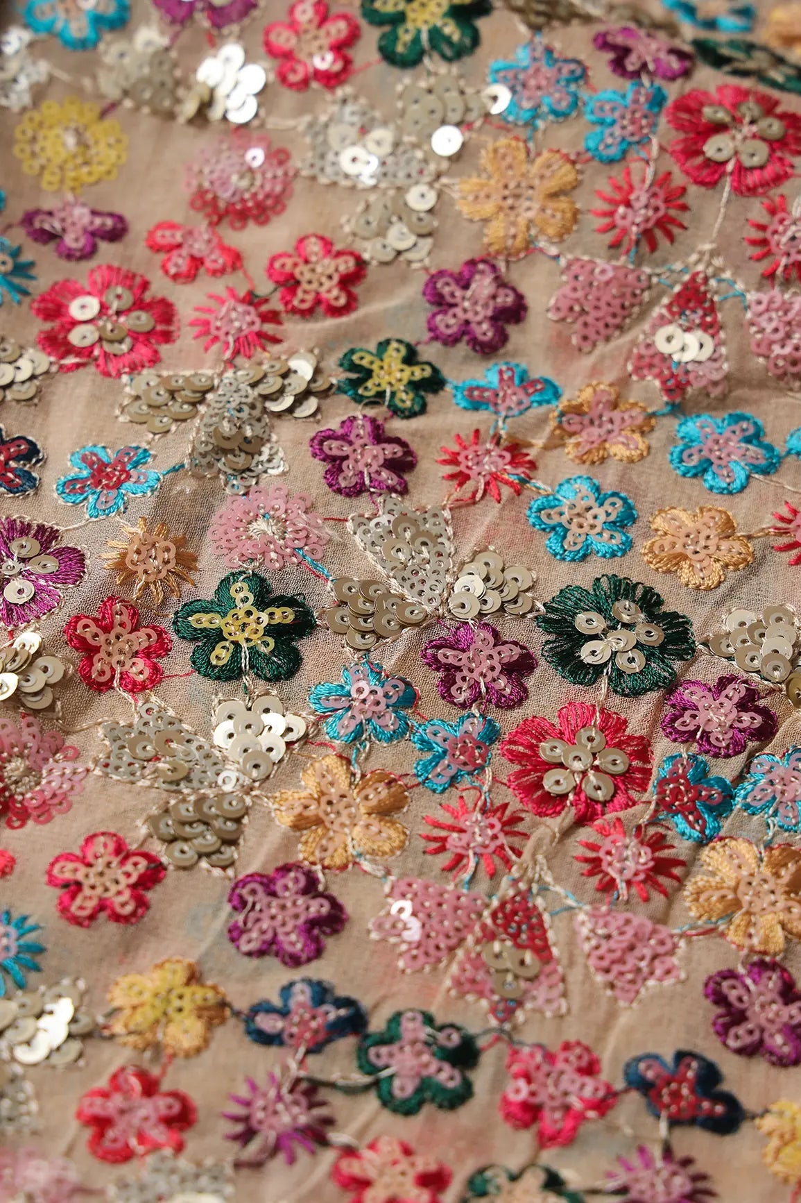 Wonderful Multi Thread With Multi Sequins Floral Embroidery On Beige Viscose Georgette Fabric - doeraa