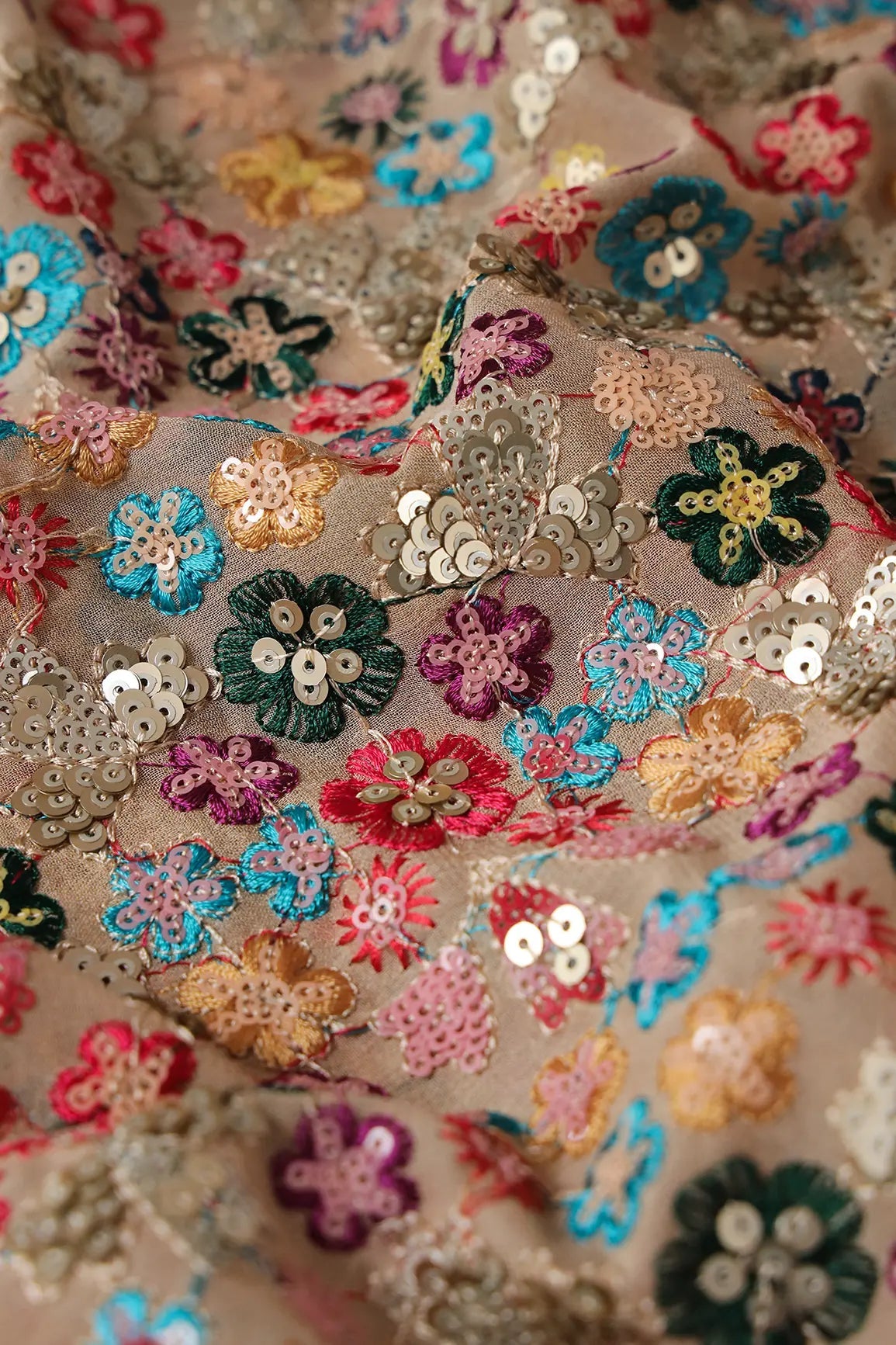 Wonderful Multi Thread With Multi Sequins Floral Embroidery On Beige Viscose Georgette Fabric - doeraa
