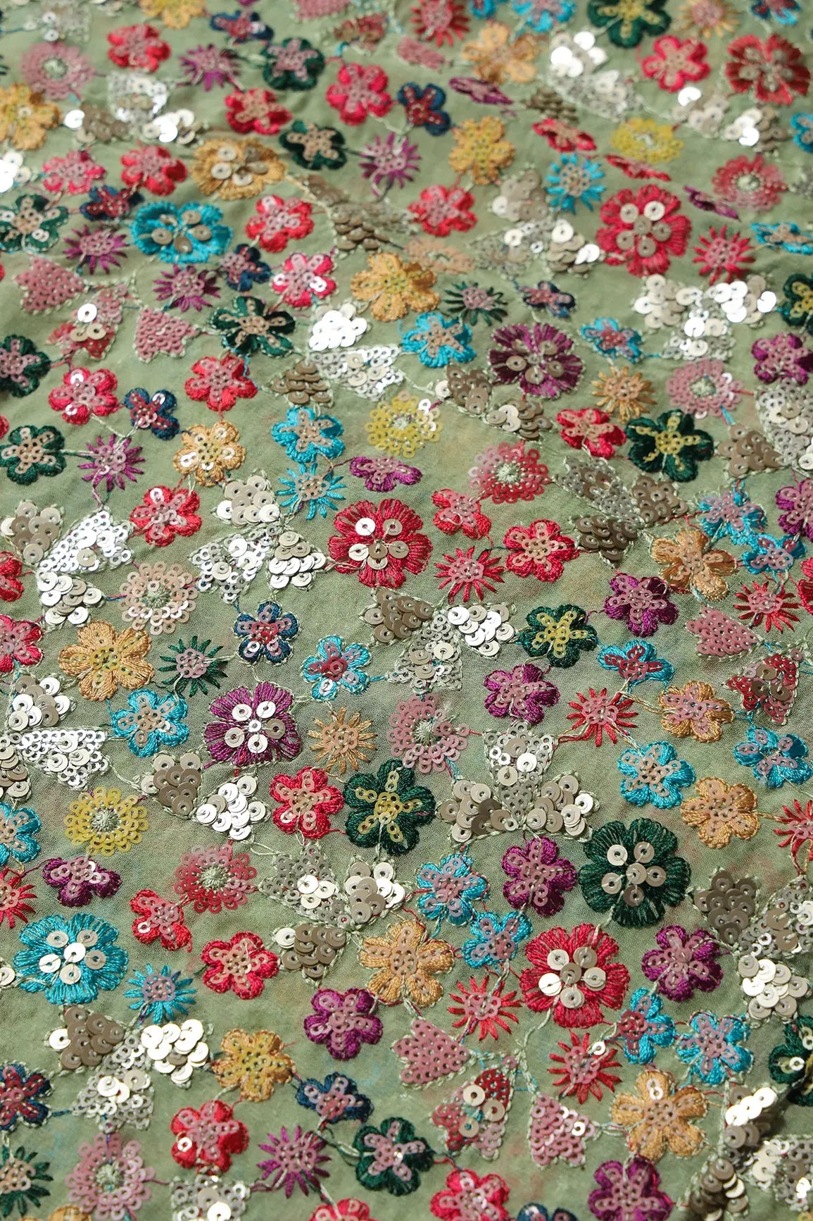 Wonderful Multi Thread With Multi Sequins Floral Embroidery On Olive Viscose Georgette Fabric - doeraa