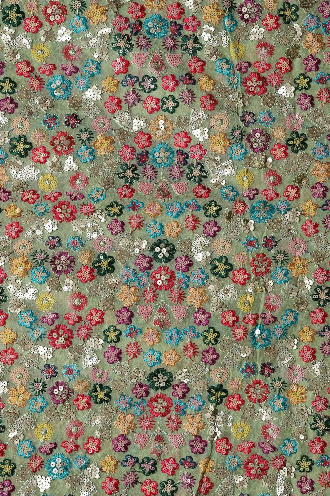 Wonderful Multi Thread With Multi Sequins Floral Embroidery On Olive Viscose Georgette Fabric - doeraa