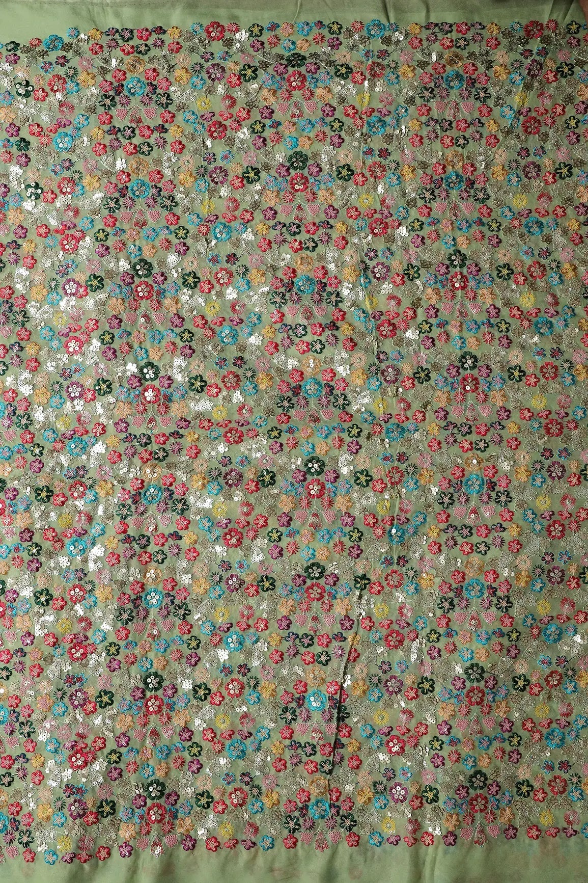 Wonderful Multi Thread With Multi Sequins Floral Embroidery On Olive Viscose Georgette Fabric - doeraa