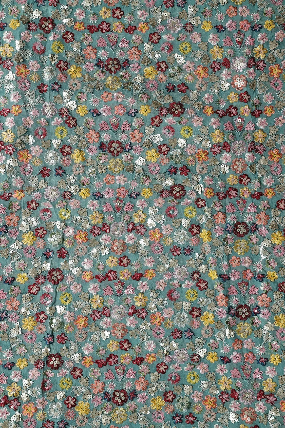Wonderful Multi Thread With Multi Sequins Floral Embroidery On Teal Viscose Georgette Fabric - doeraa