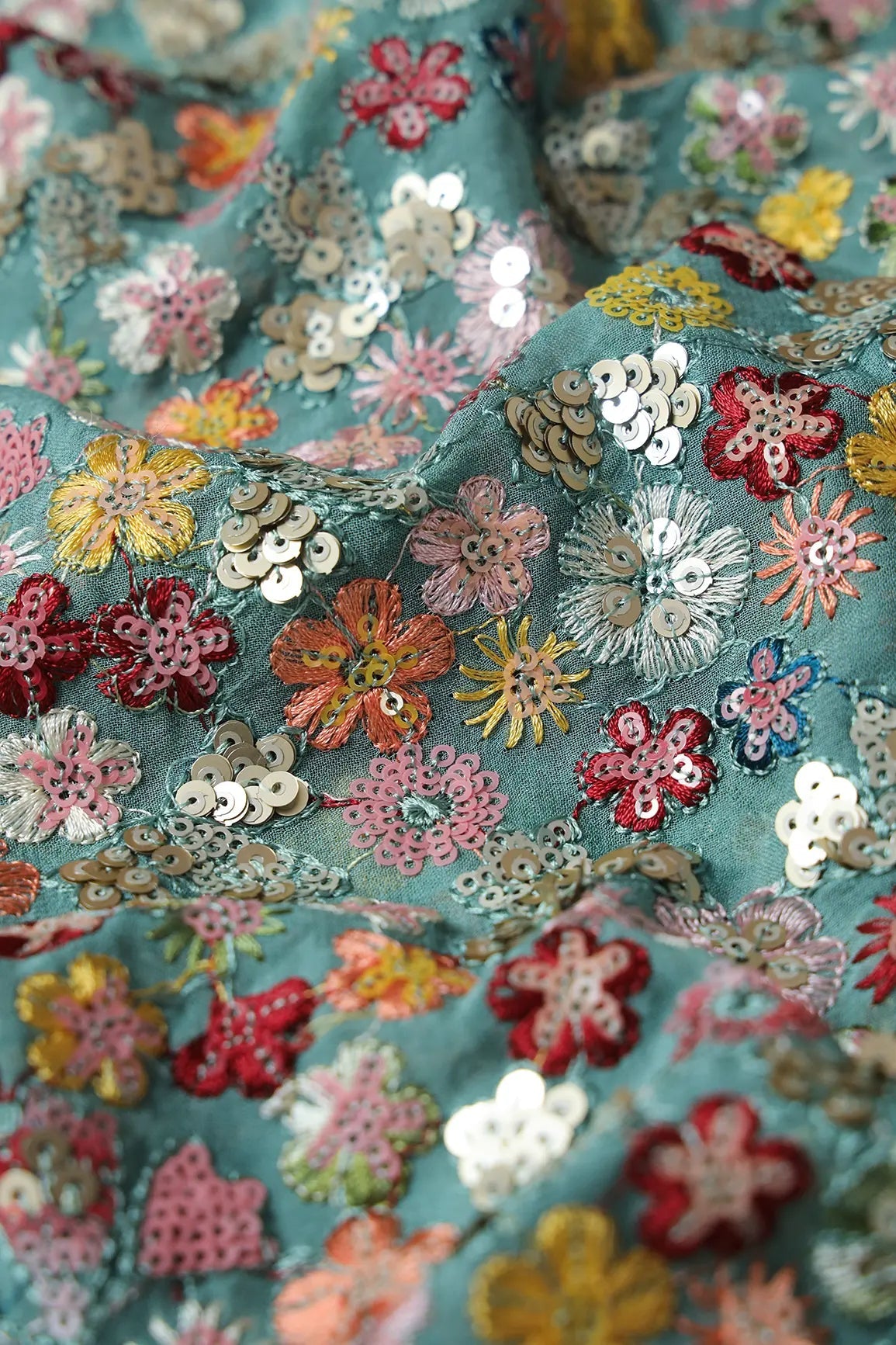 Designer Fabric outlet 2+ Yds Viscose/Cotton Embroidery Sea Green/Gold Thread Pattern Clorinde Sequins Plant Motifs