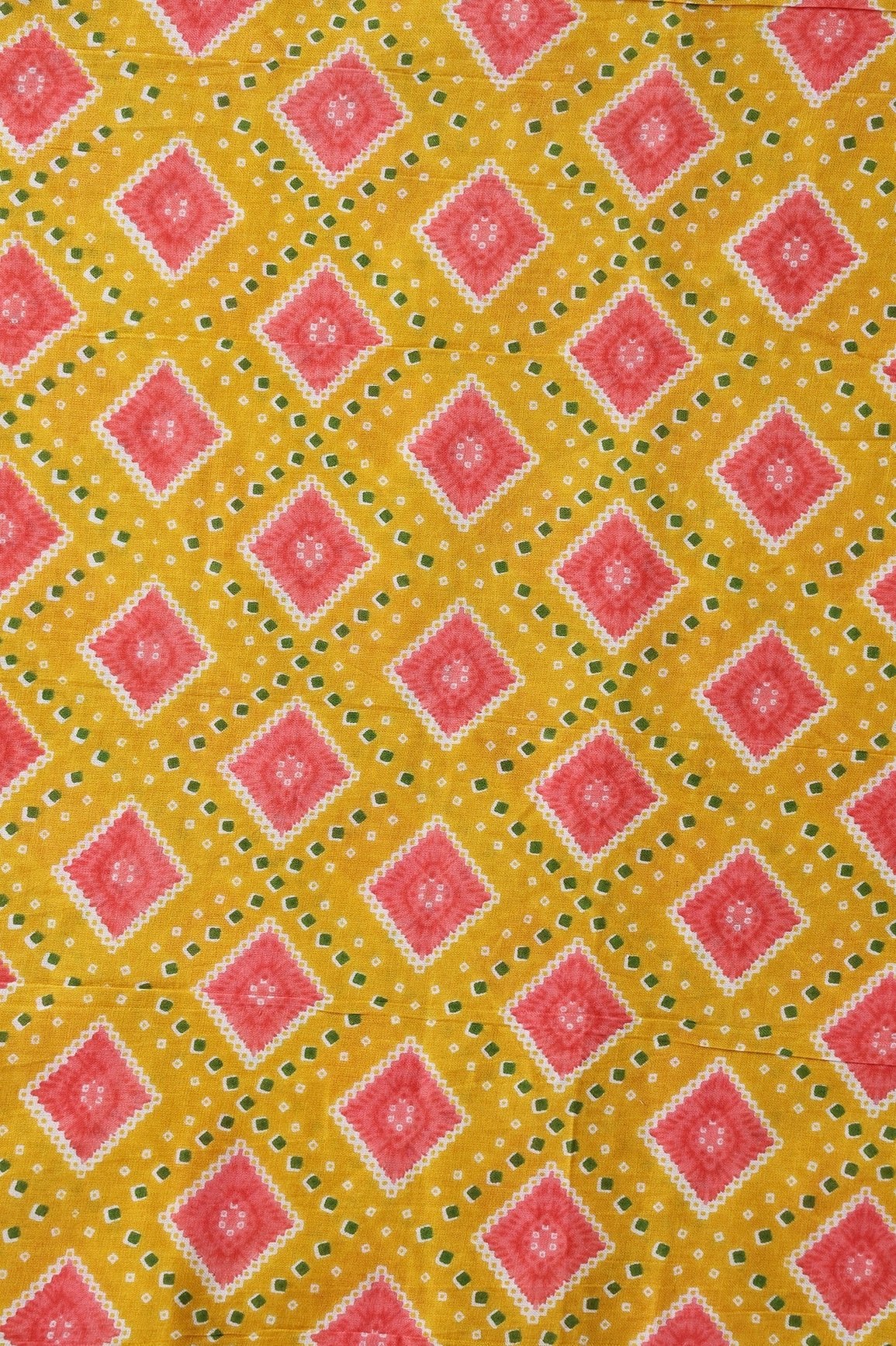 Yellow And Pink Bandhani Print On Pure Cotton Fabric - doeraa