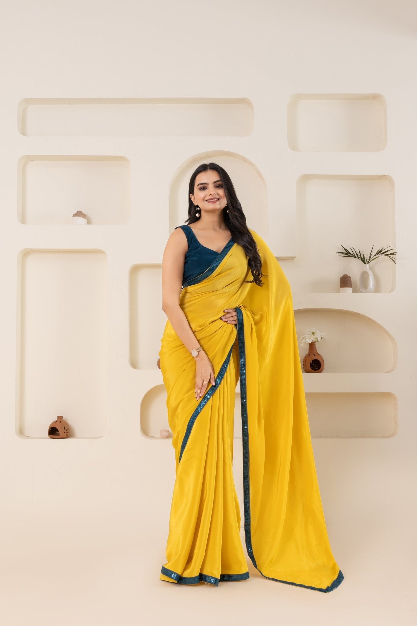Yellow And Rama Green Pure Viscose Crepe Saree Set With Border (Saree With Blouse Piece) - doeraa