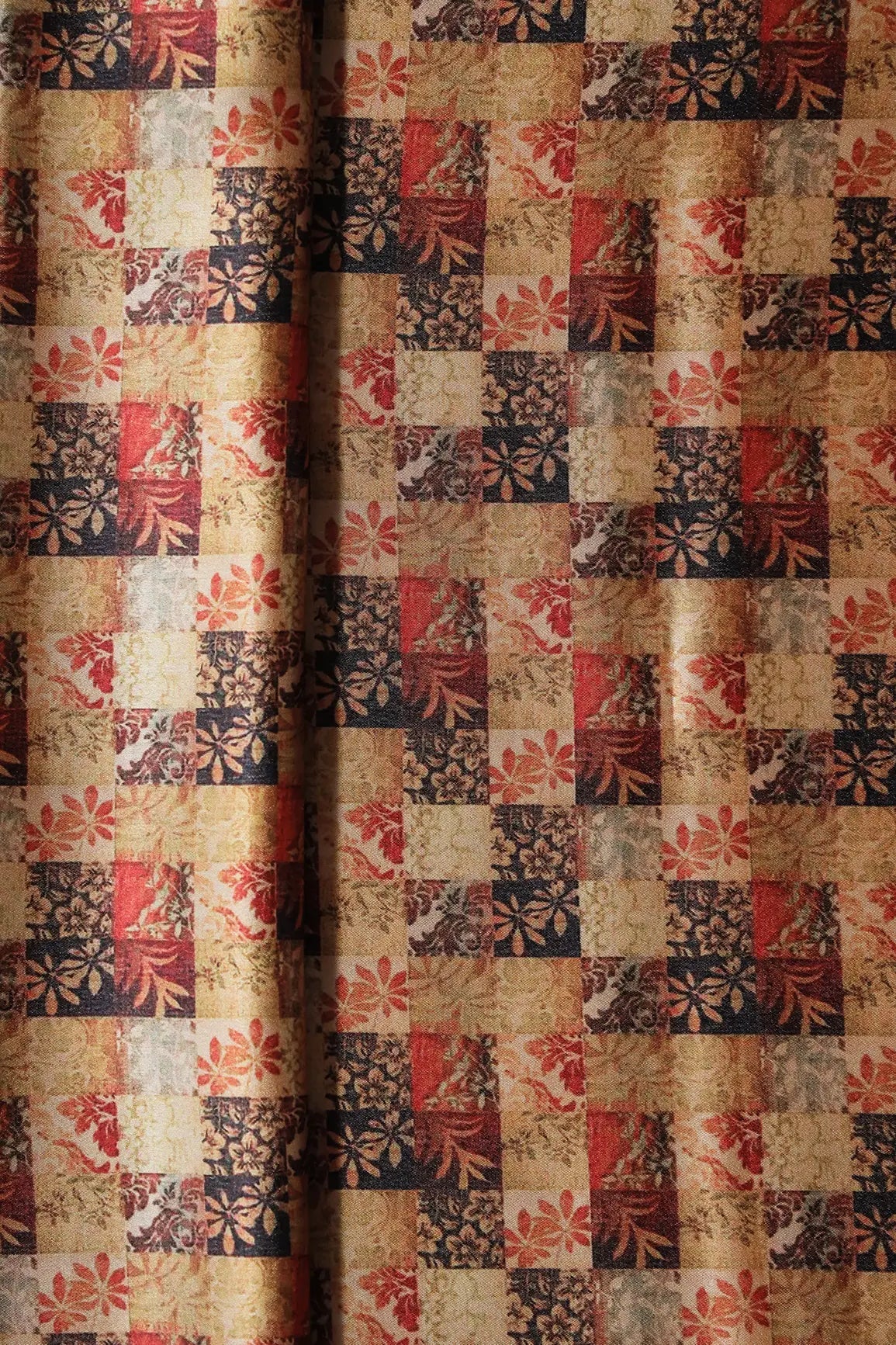 Yellow And Red Floral Checks Pattern Digital Print On Satin Fabric - doeraa