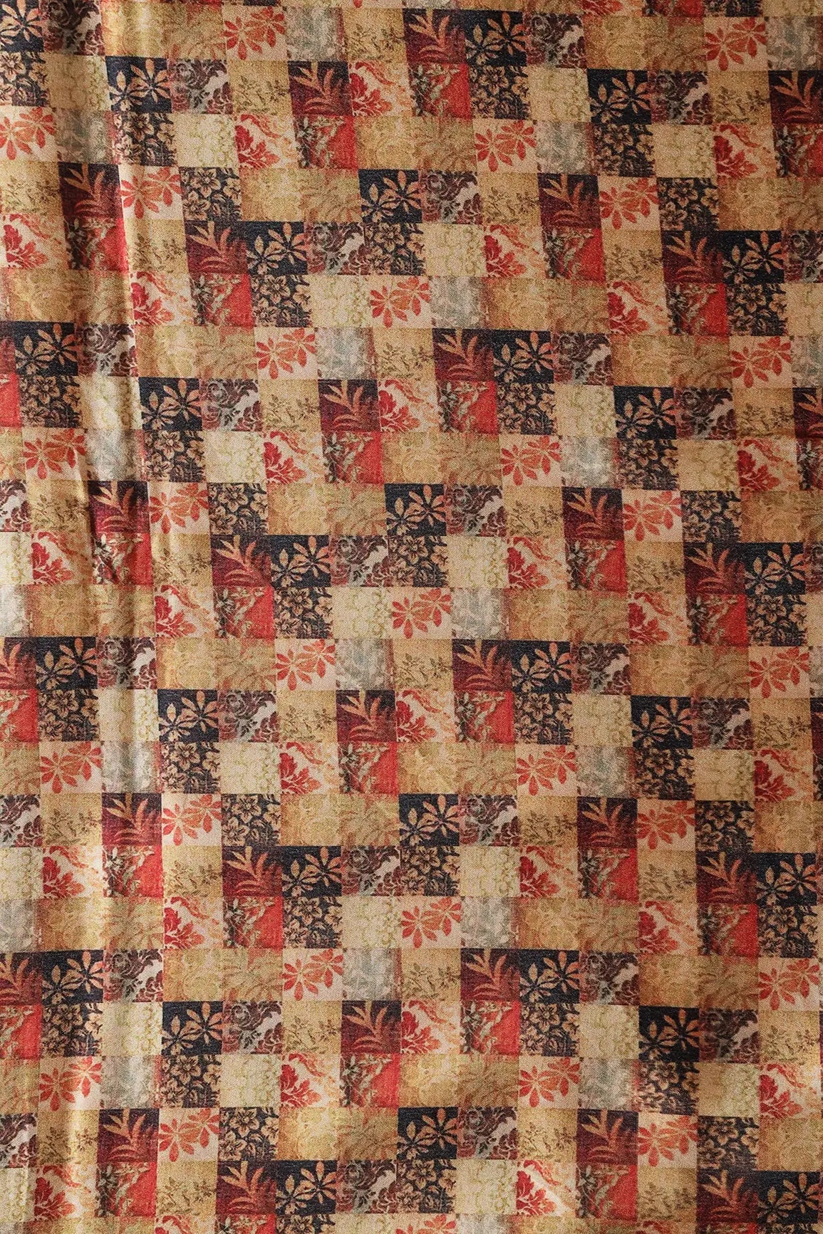 Yellow And Red Floral Checks Pattern Digital Print On Satin Fabric - doeraa