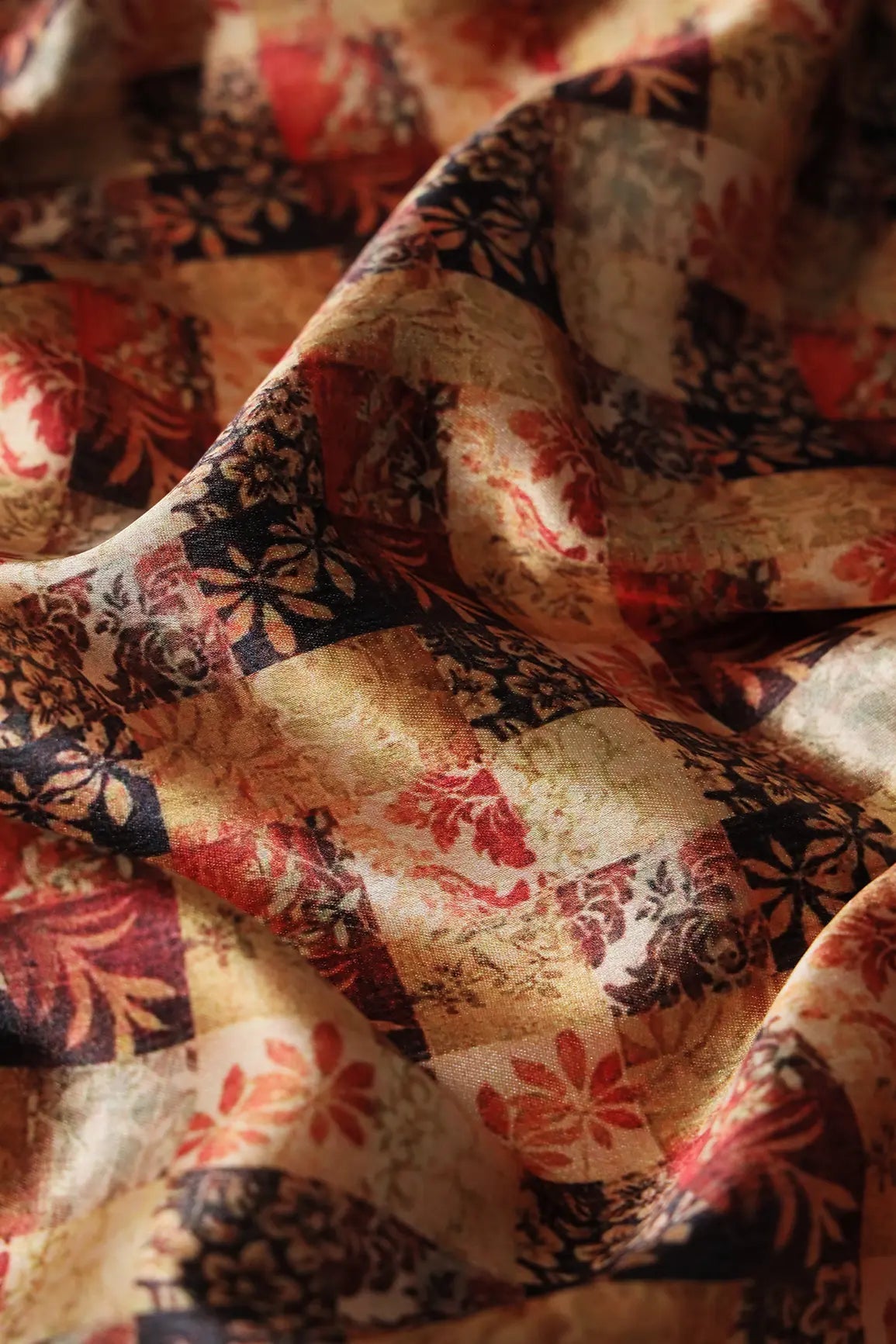 Yellow And Red Floral Checks Pattern Digital Print On Satin Fabric - doeraa