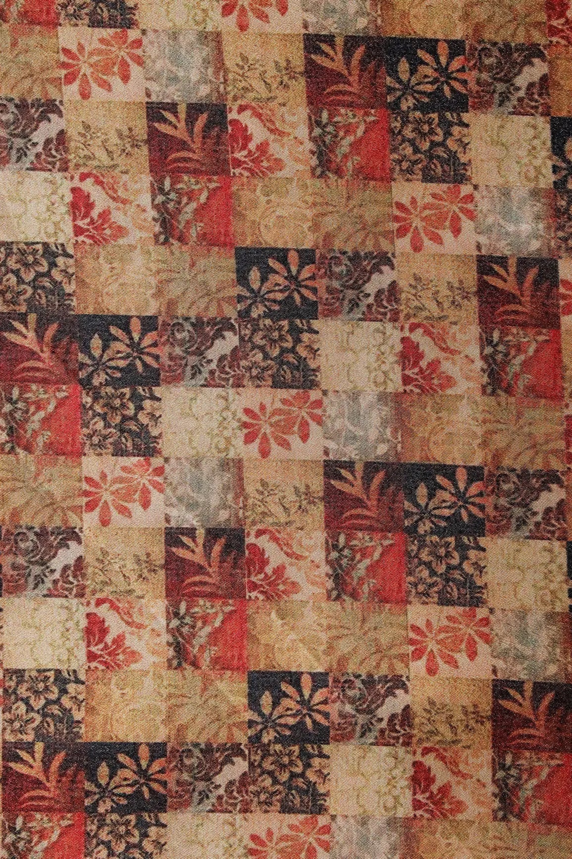 Yellow And Red Floral Checks Pattern Digital Print On Satin Fabric - doeraa
