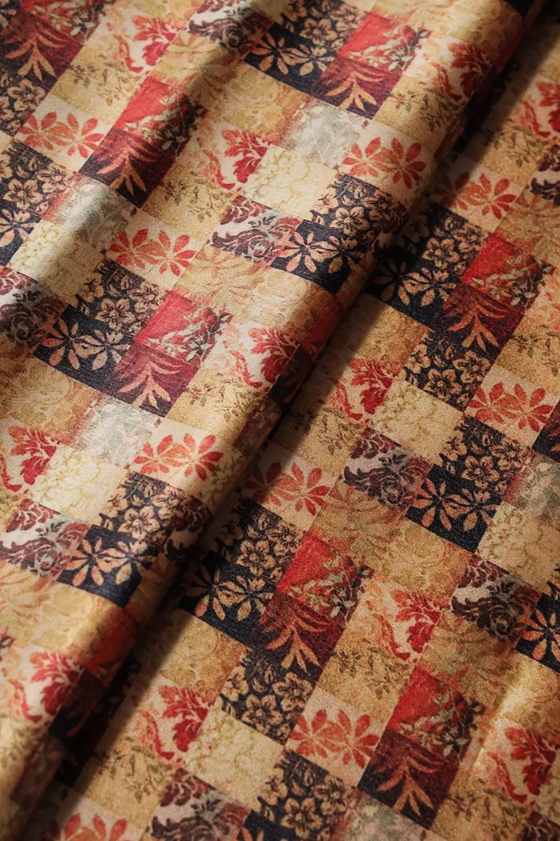Yellow And Red Floral Checks Pattern Digital Print On Satin Fabric - doeraa