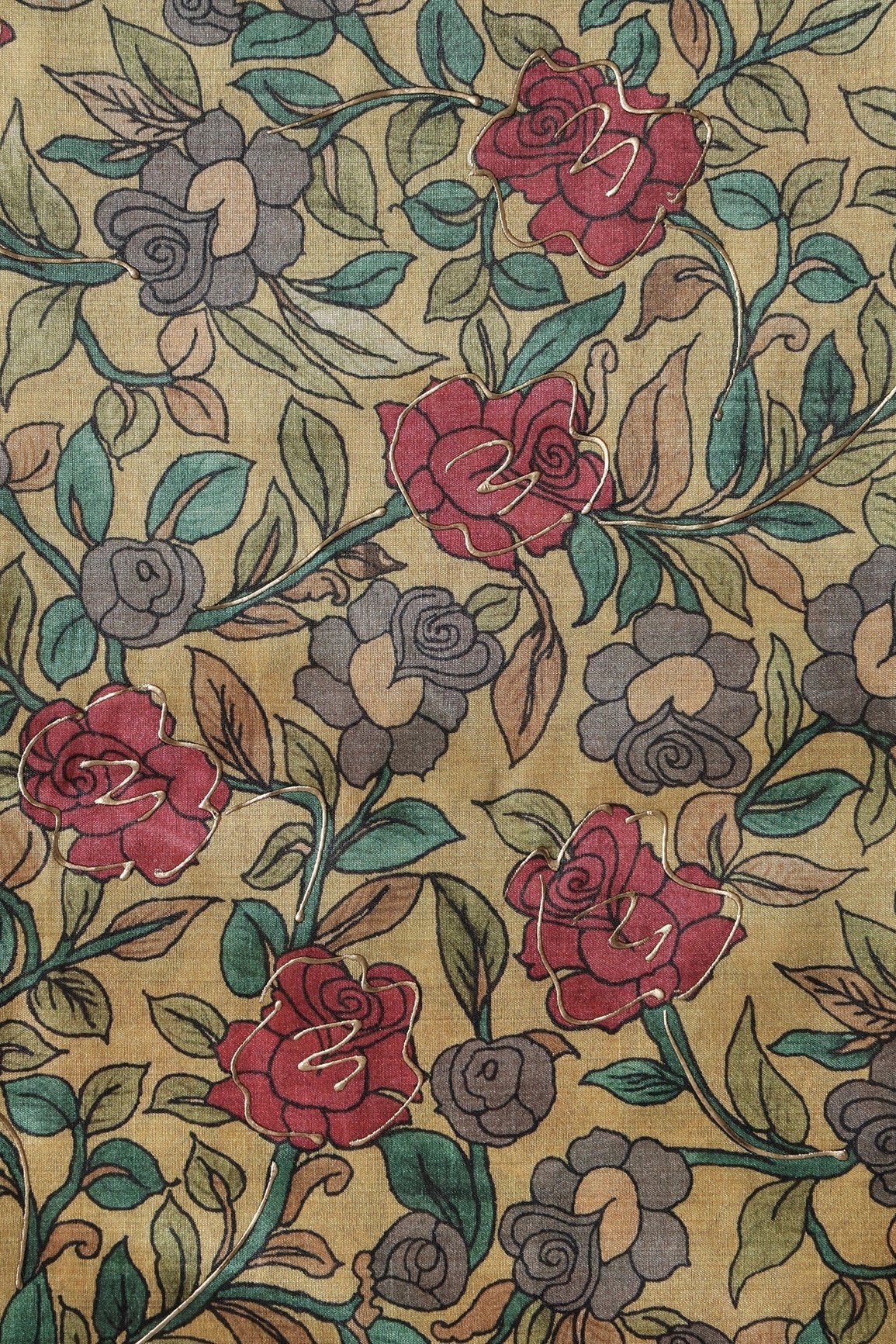 Yellow And Red Floral Pattern Digital Foil Print On Mulberry Silk Fabric - doeraa