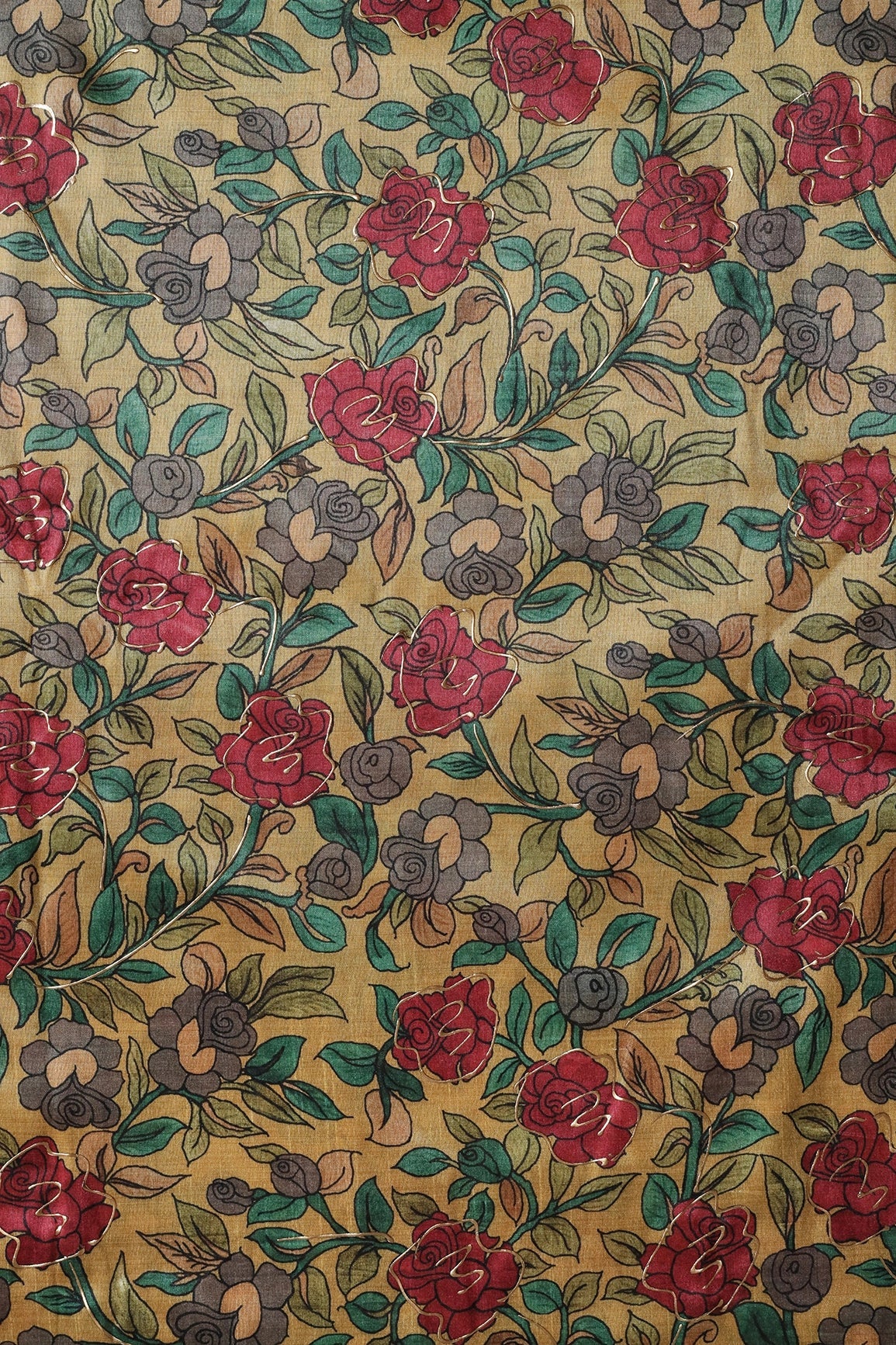 Yellow And Red Floral Pattern Digital Foil Print On Mulberry Silk Fabric - doeraa