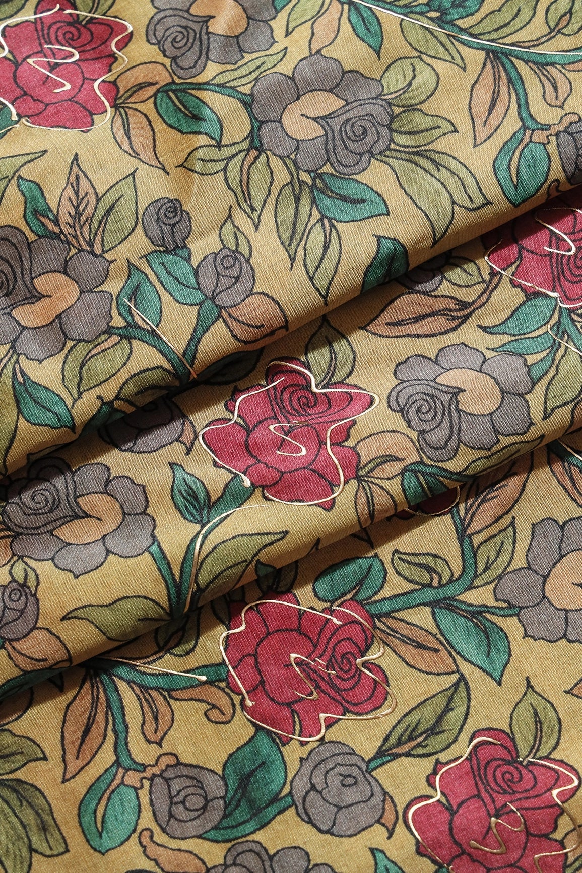Yellow And Red Floral Pattern Digital Foil Print On Mulberry Silk Fabric - doeraa