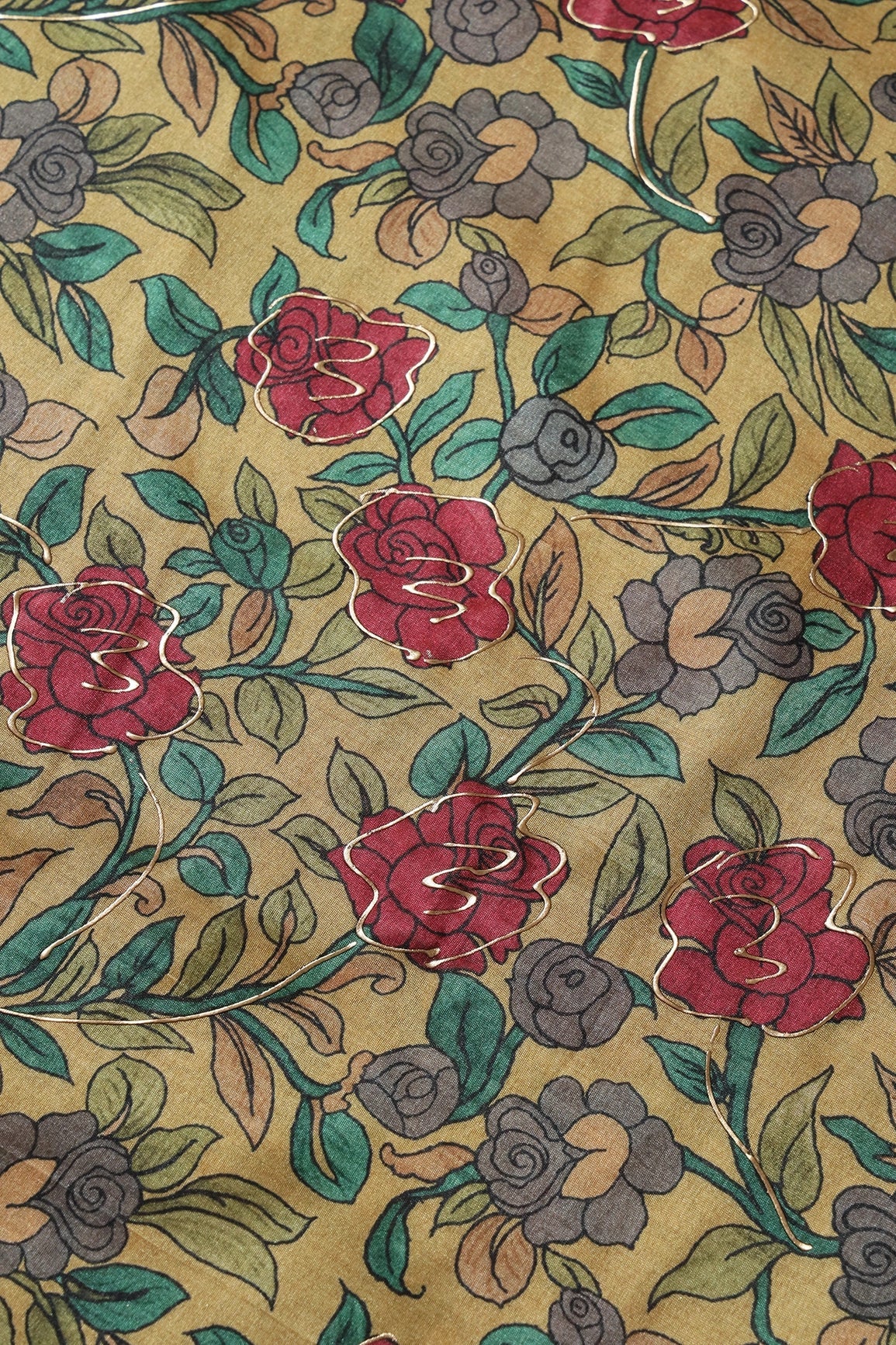 Yellow And Red Floral Pattern Digital Foil Print On Mulberry Silk Fabric - doeraa
