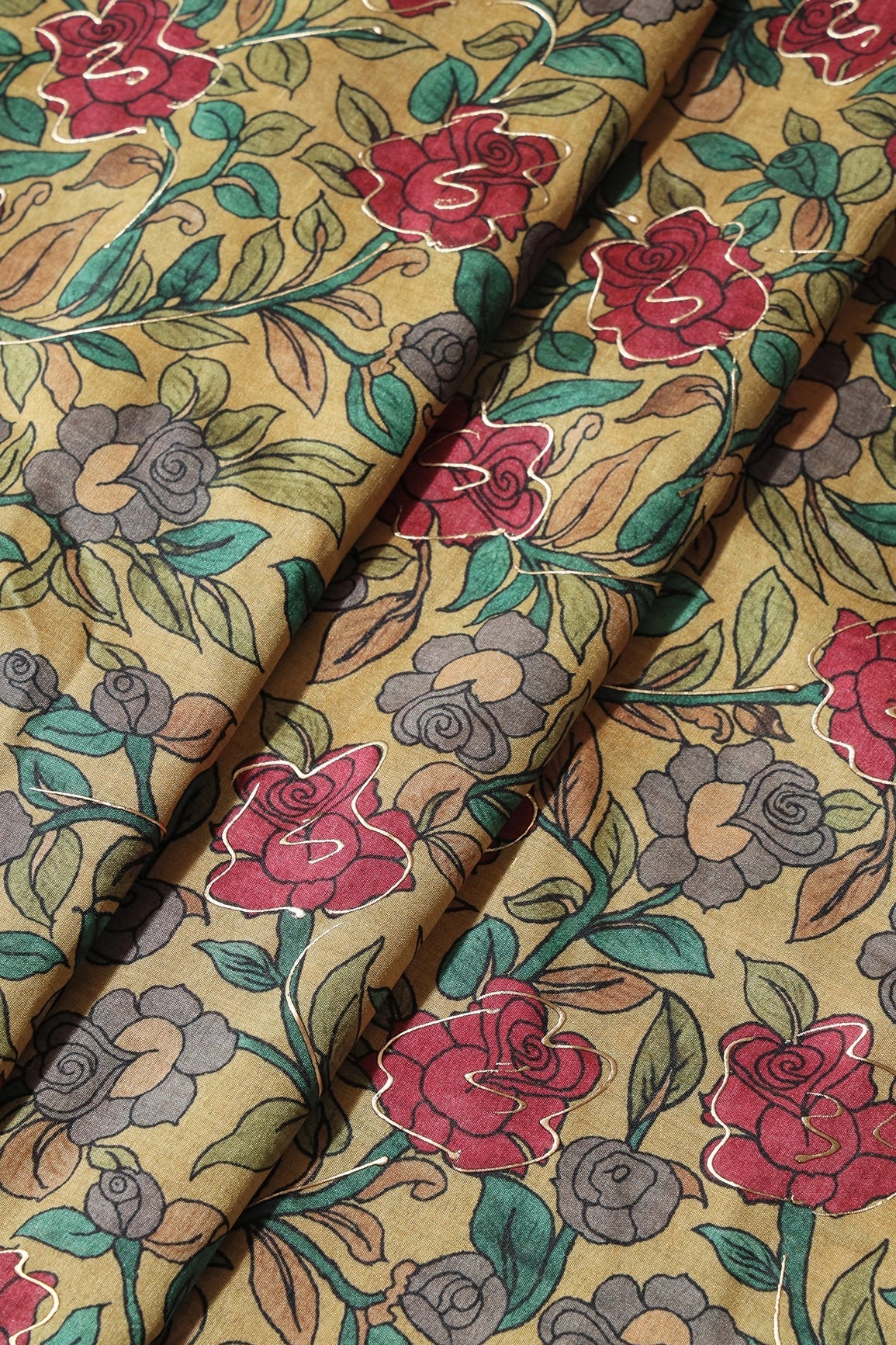 Yellow And Red Floral Pattern Digital Foil Print On Mulberry Silk Fabric - doeraa