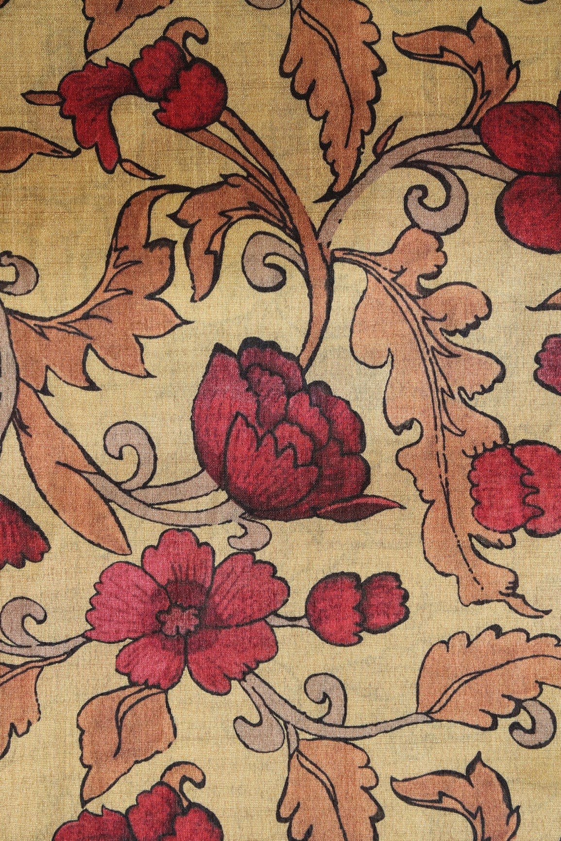 Yellow And Red Floral Pattern Digital Print On Mulberry Silk Fabric - doeraa
