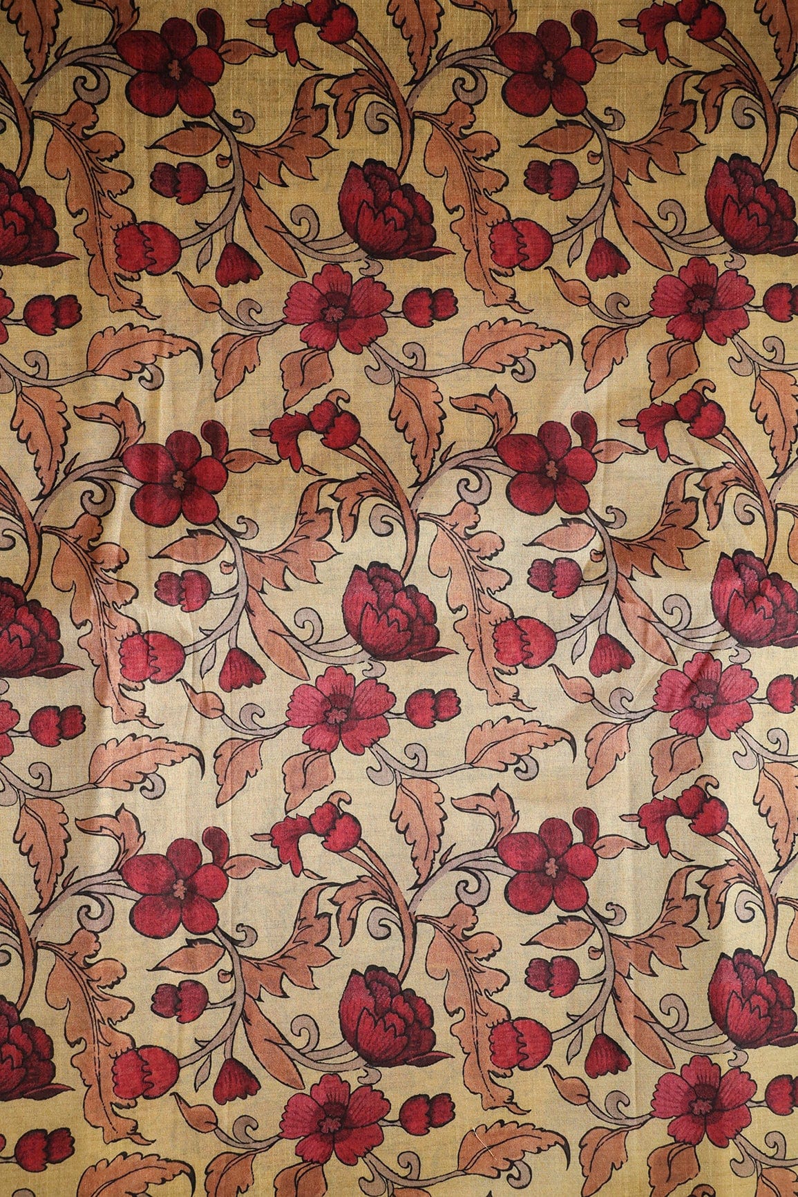 Yellow And Red Floral Pattern Digital Print On Mulberry Silk Fabric - doeraa