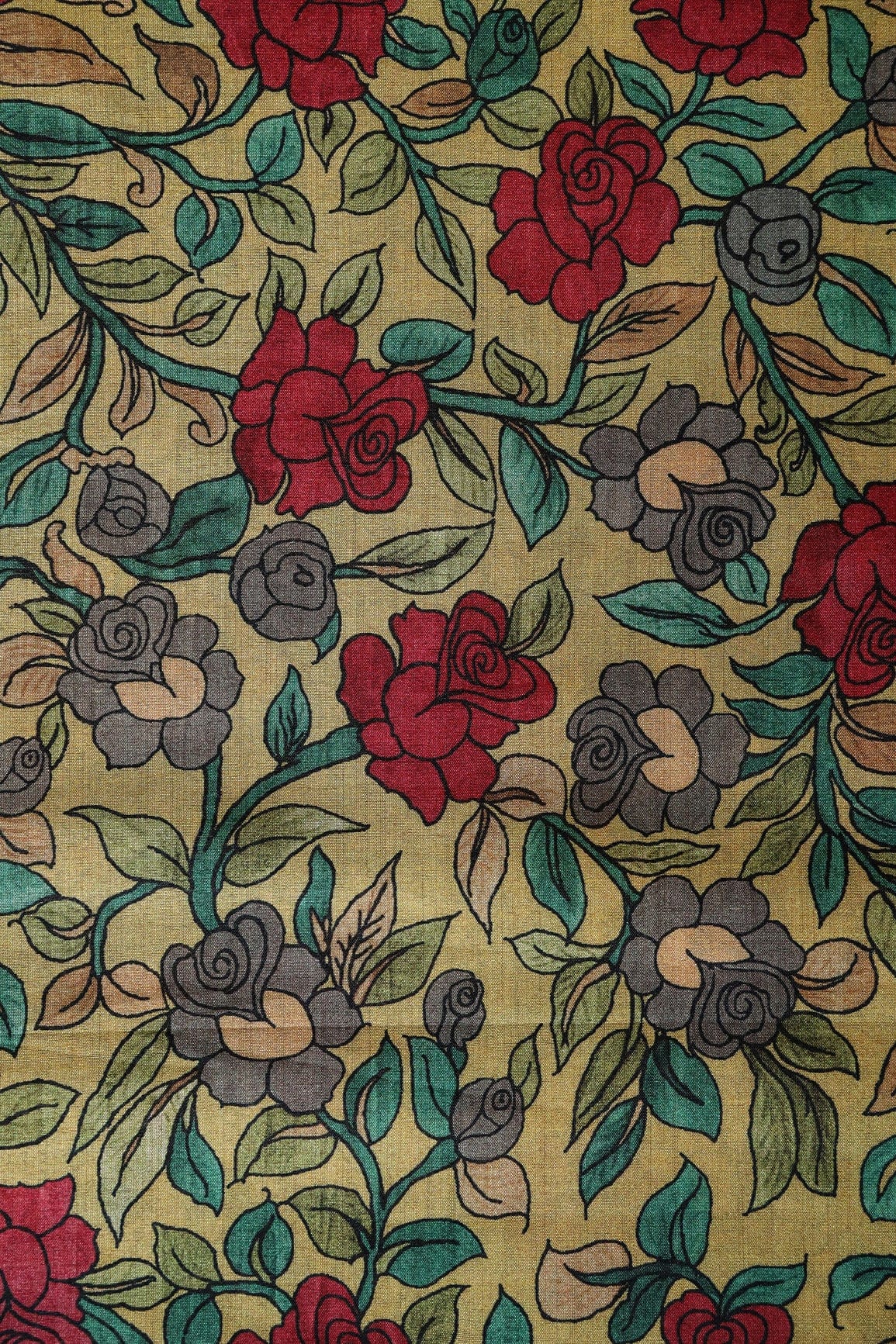 Yellow And Red Floral Pattern Digital Print On Mulberry Silk Fabric - doeraa