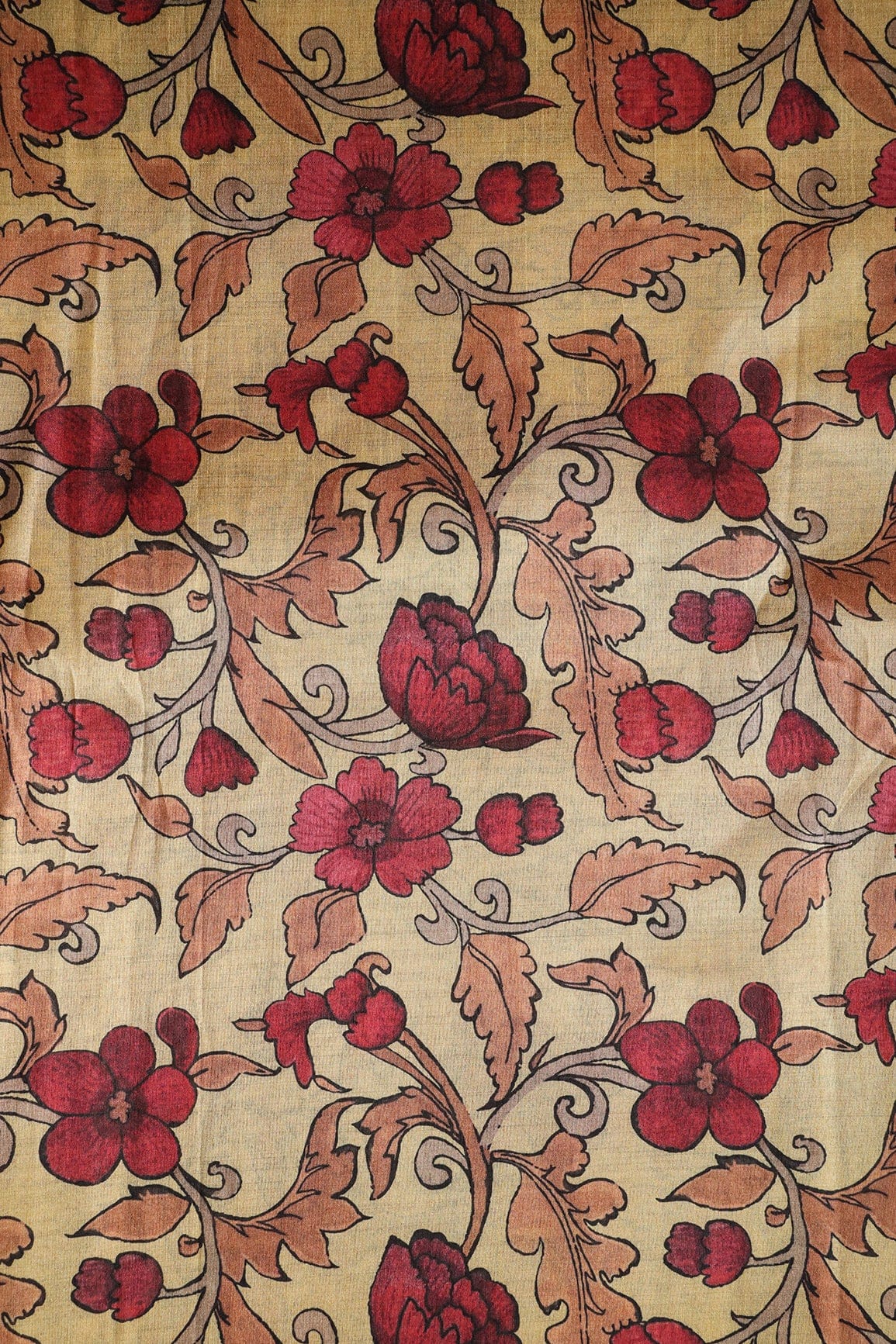 Yellow And Red Floral Pattern Digital Print On Mulberry Silk Fabric - doeraa