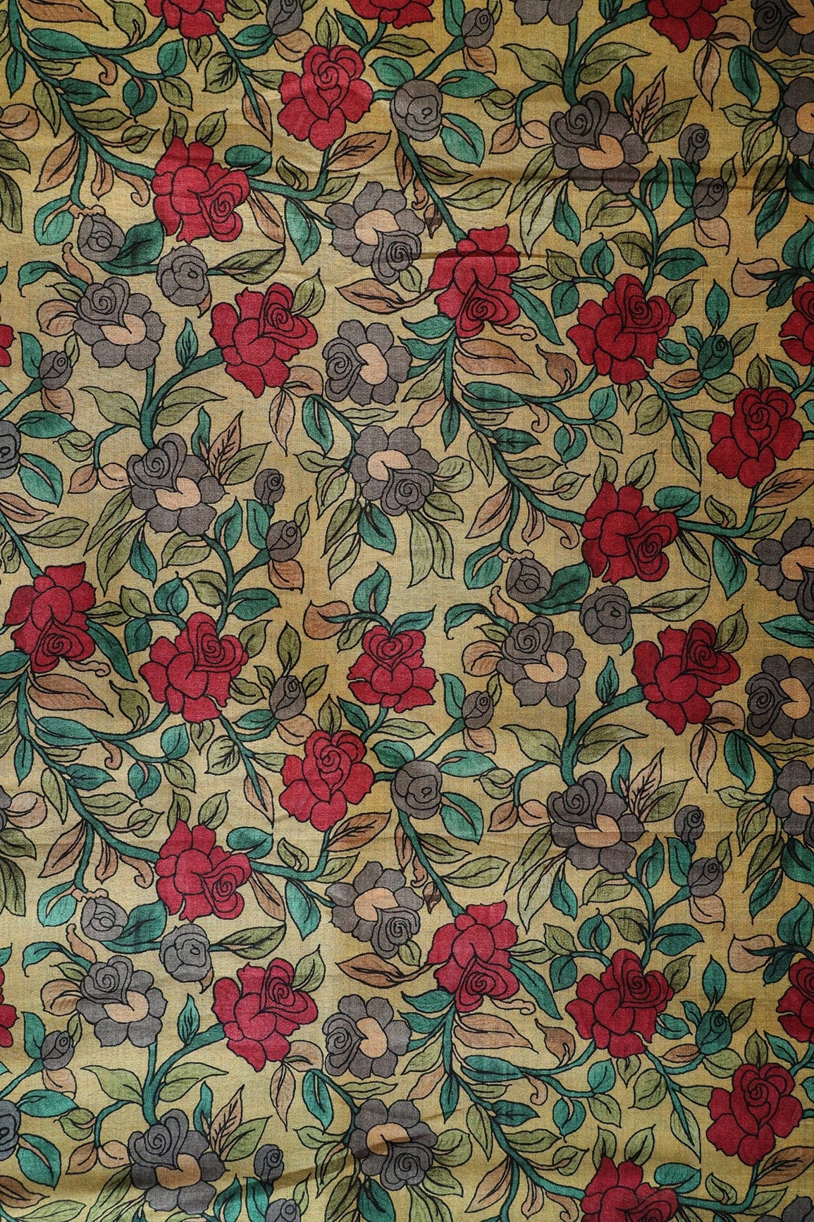 Yellow And Red Floral Pattern Digital Print On Mulberry Silk Fabric - doeraa