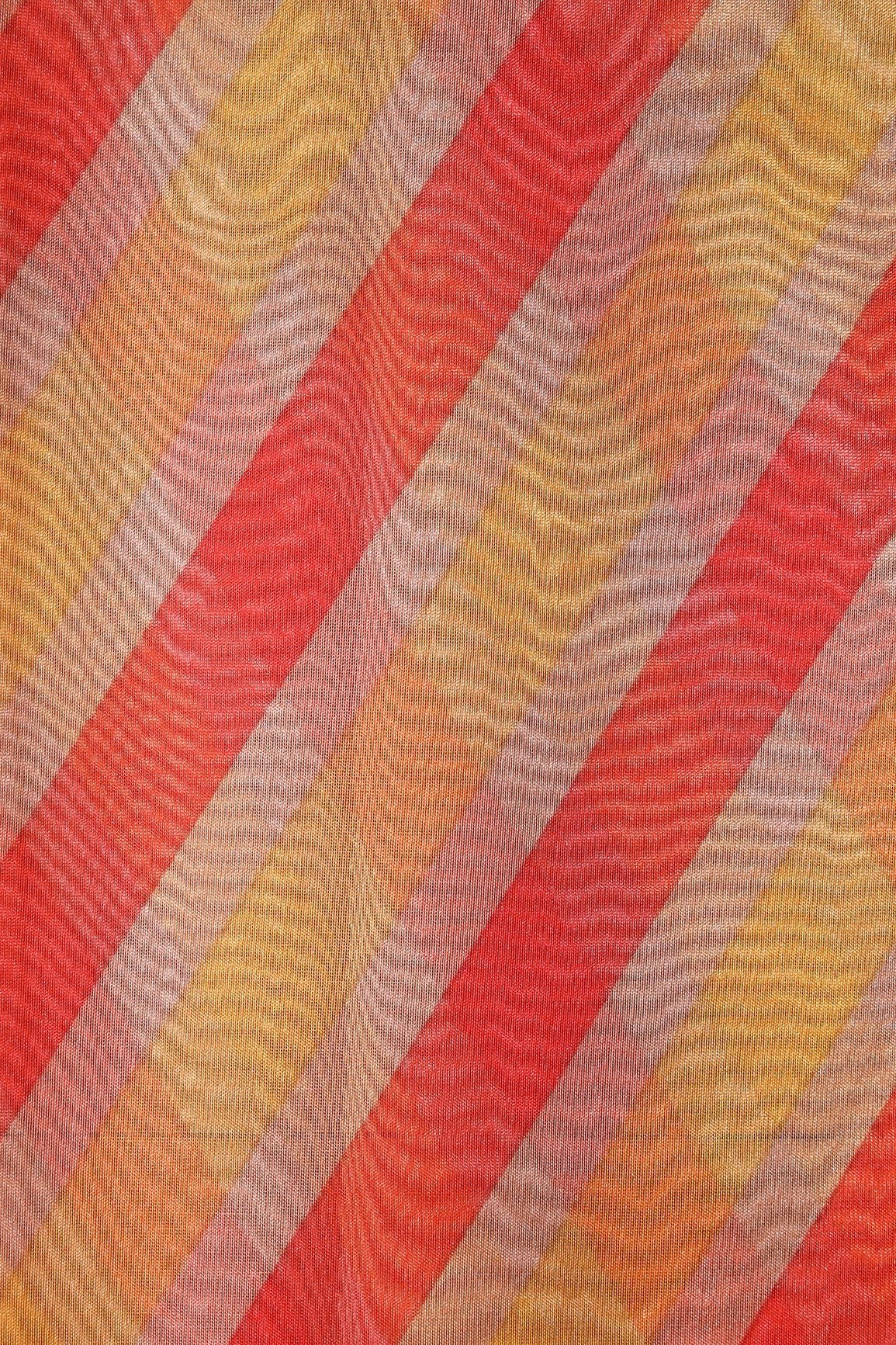 Yellow And Red Stripes Digital Print On Organza Fabric - doeraa