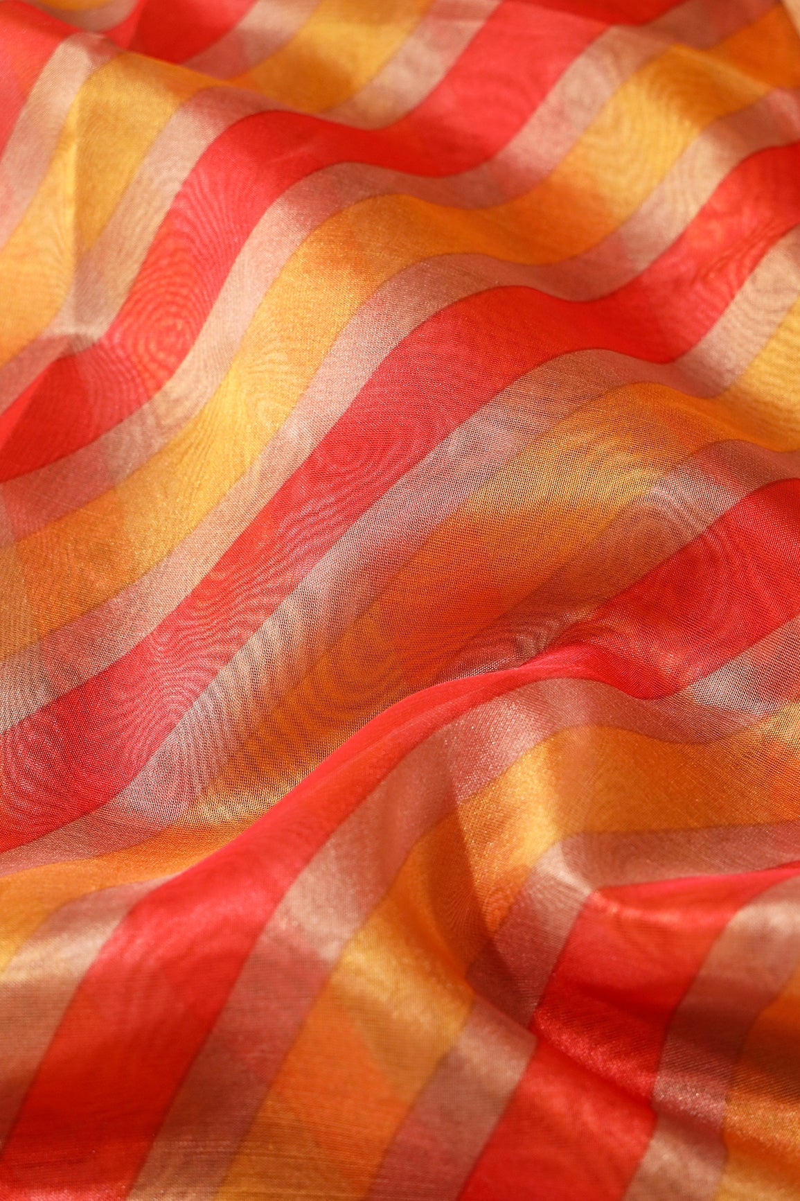 Yellow And Red Stripes Digital Print On Organza Fabric - doeraa
