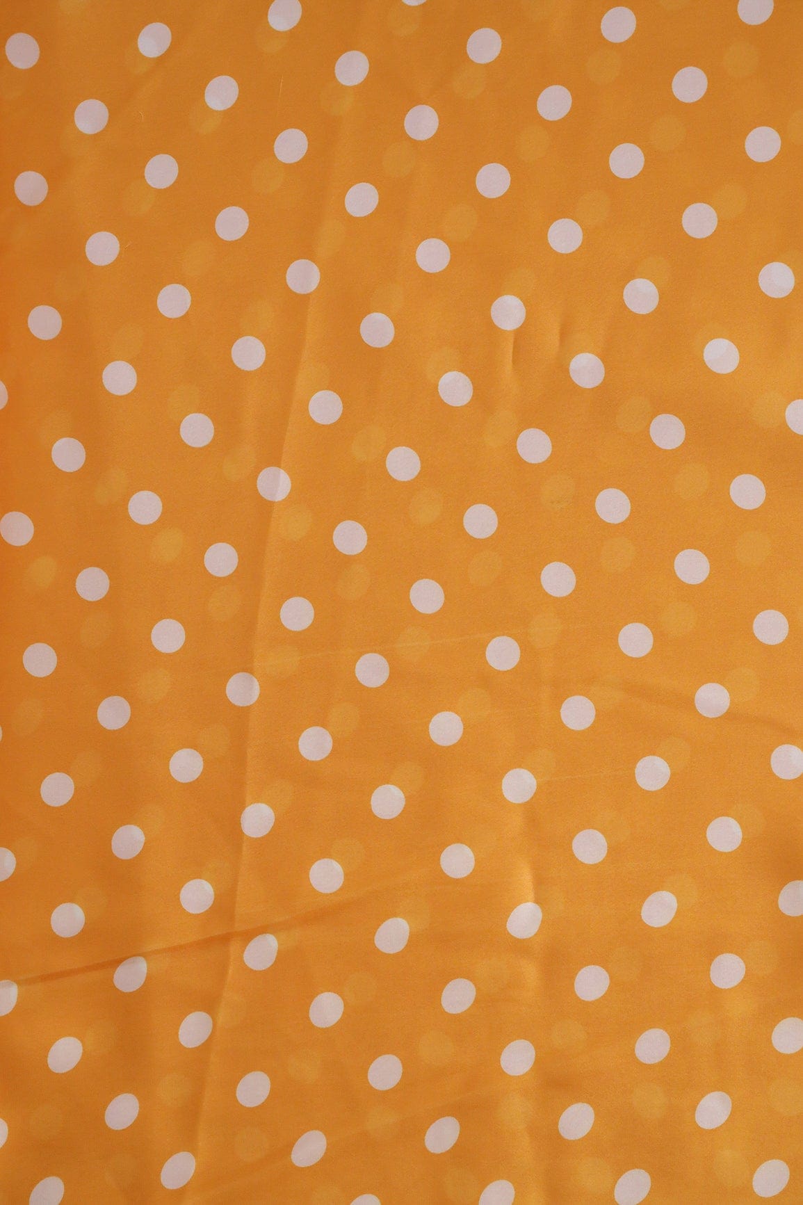 Yellow And White Polka Dots Pattern Digital Print On Georgette Satin Fabric - doeraa