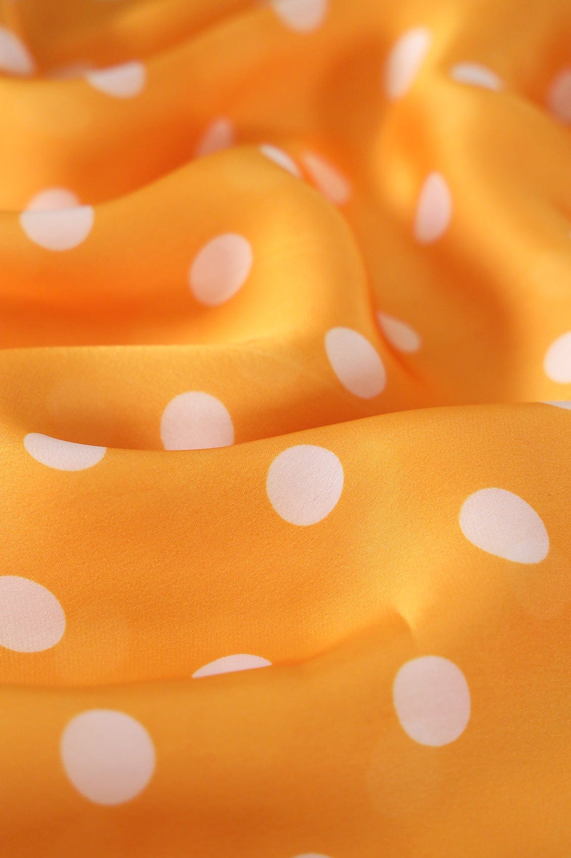 Yellow And White Polka Dots Pattern Digital Print On Georgette Satin Fabric - doeraa