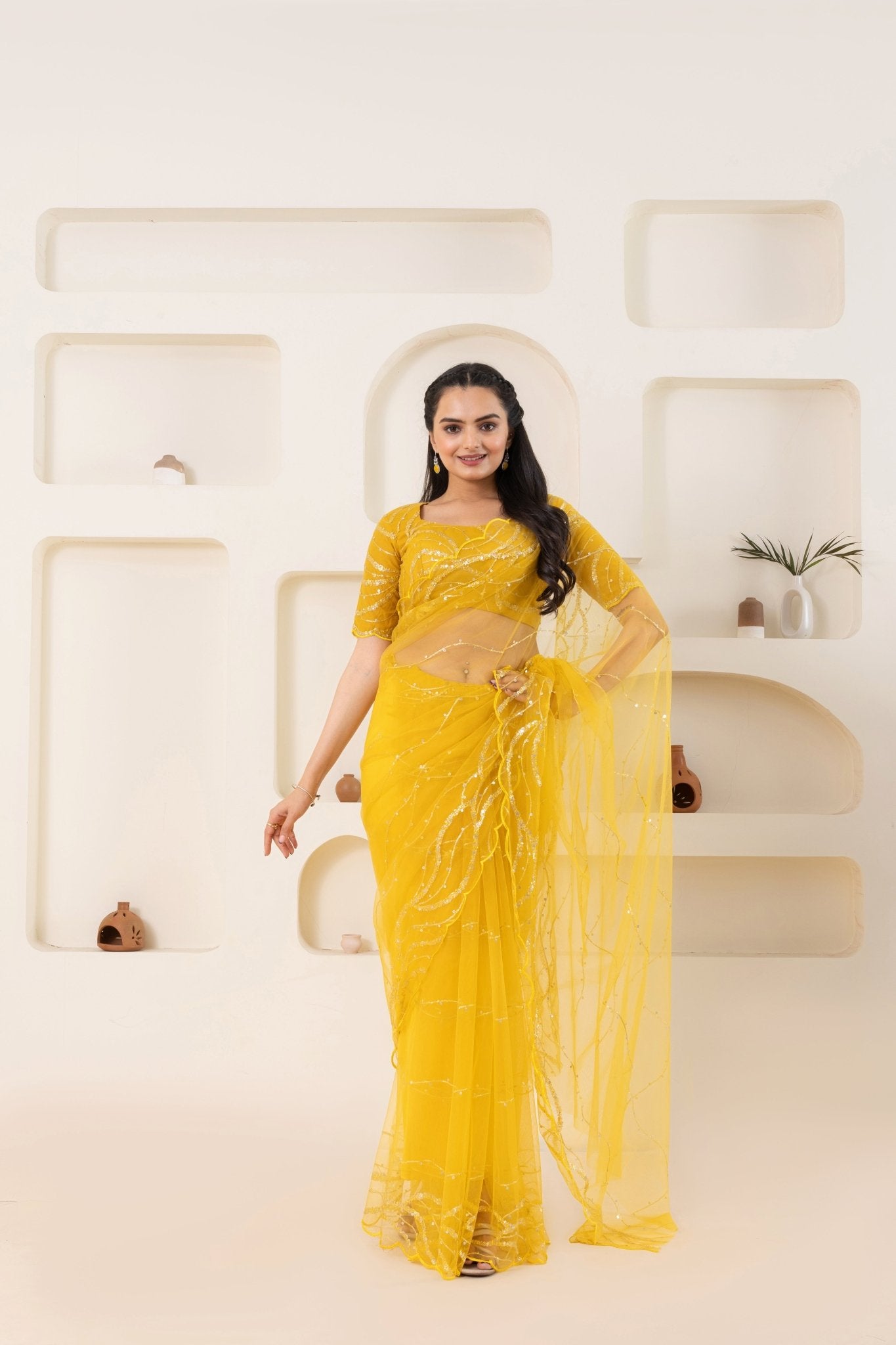 Yellow Embroidery Saree Set (Saree With Blouse Piece) - doeraa