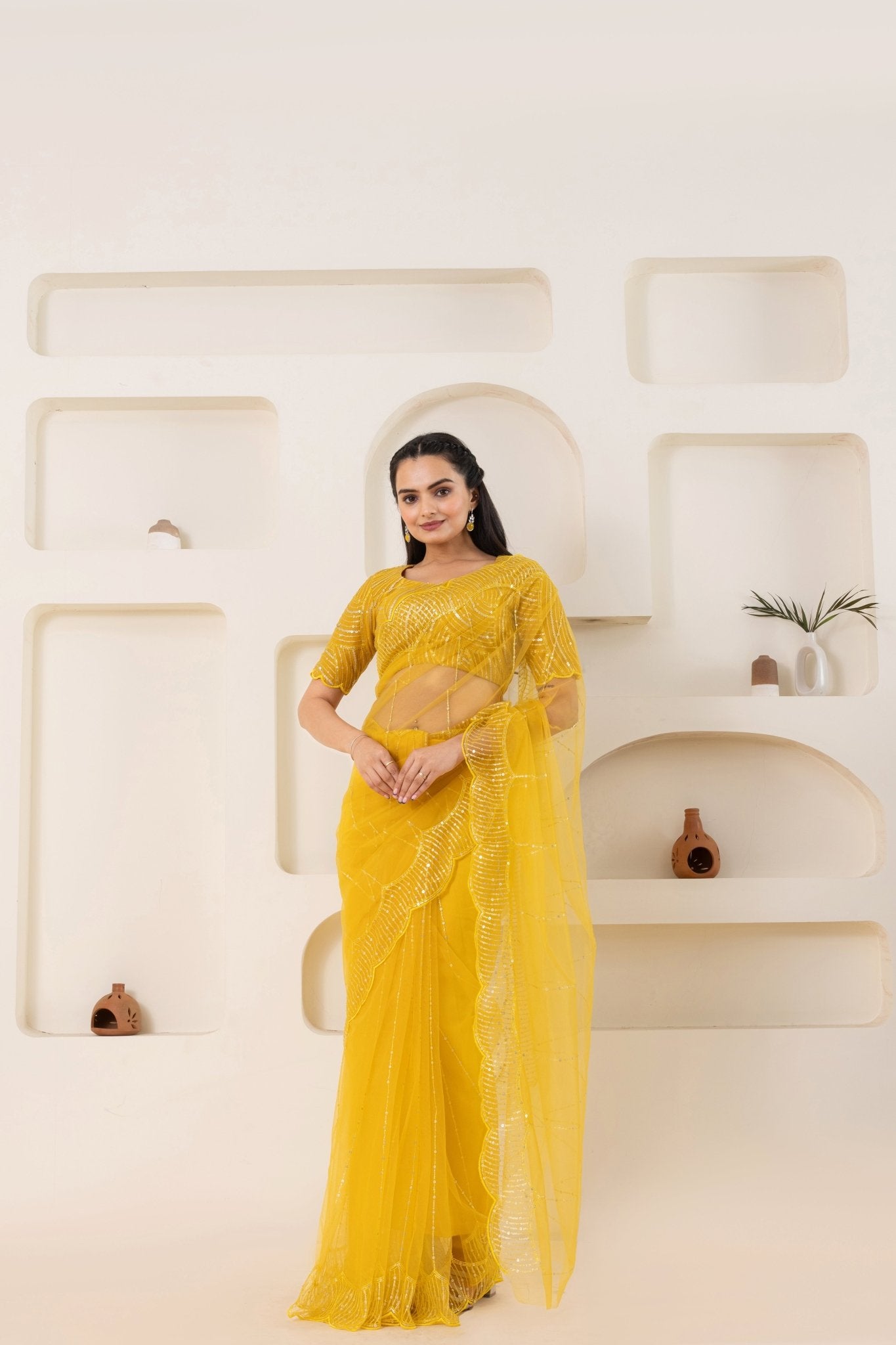 Yellow Embroidery Saree Set (Saree With Blouse Piece) - doeraa