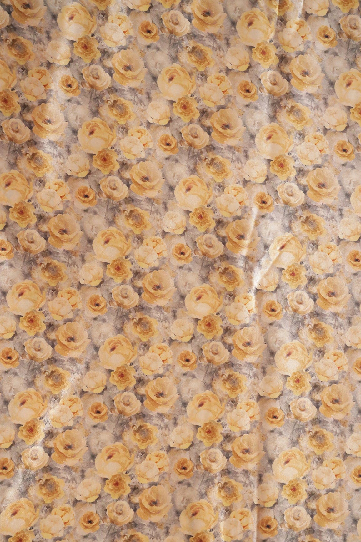 Yellow Floral Pattern Digital Print On Grey Satin Fabric - doeraa