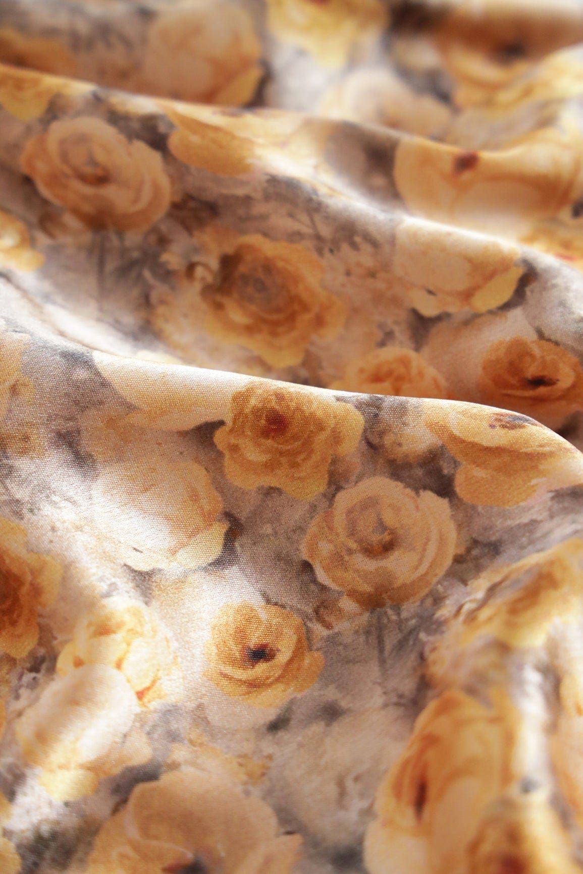 Yellow Floral Pattern Digital Print On Grey Satin Fabric - doeraa