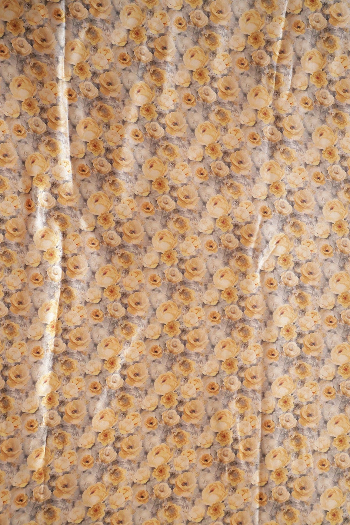 Yellow Floral Pattern Digital Print On Grey Satin Fabric - doeraa