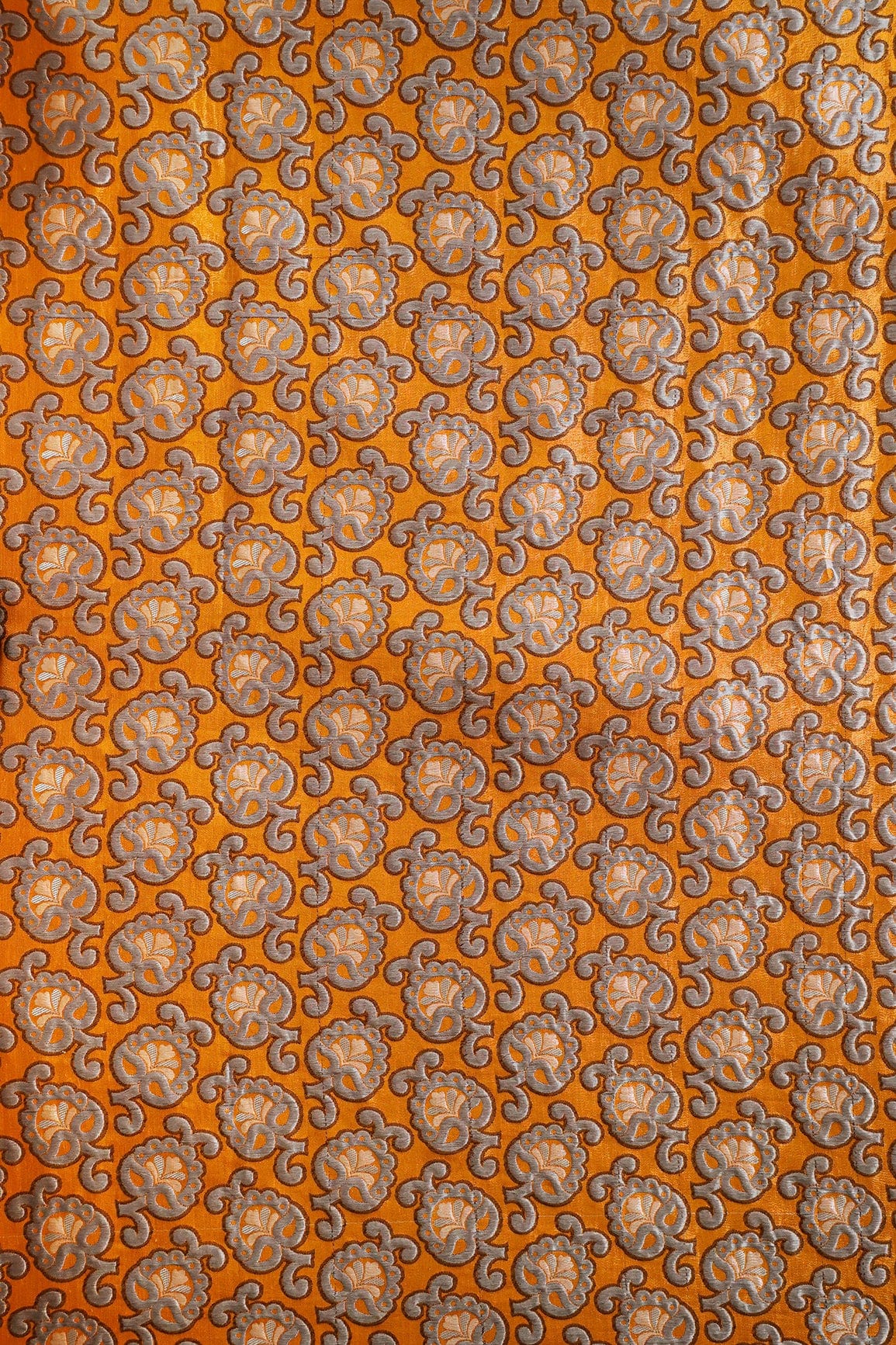 Yellow Ochre And Grey Floral Silk Satin Jute Banarasi Jacquard Fabric - doeraa