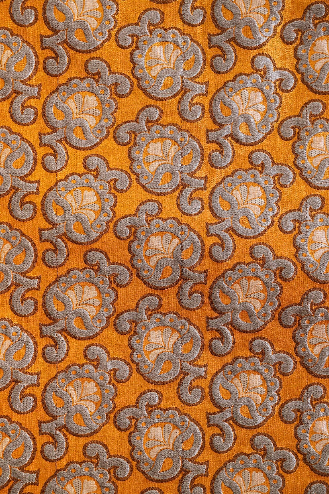 Yellow Ochre And Grey Floral Silk Satin Jute Banarasi Jacquard Fabric - doeraa