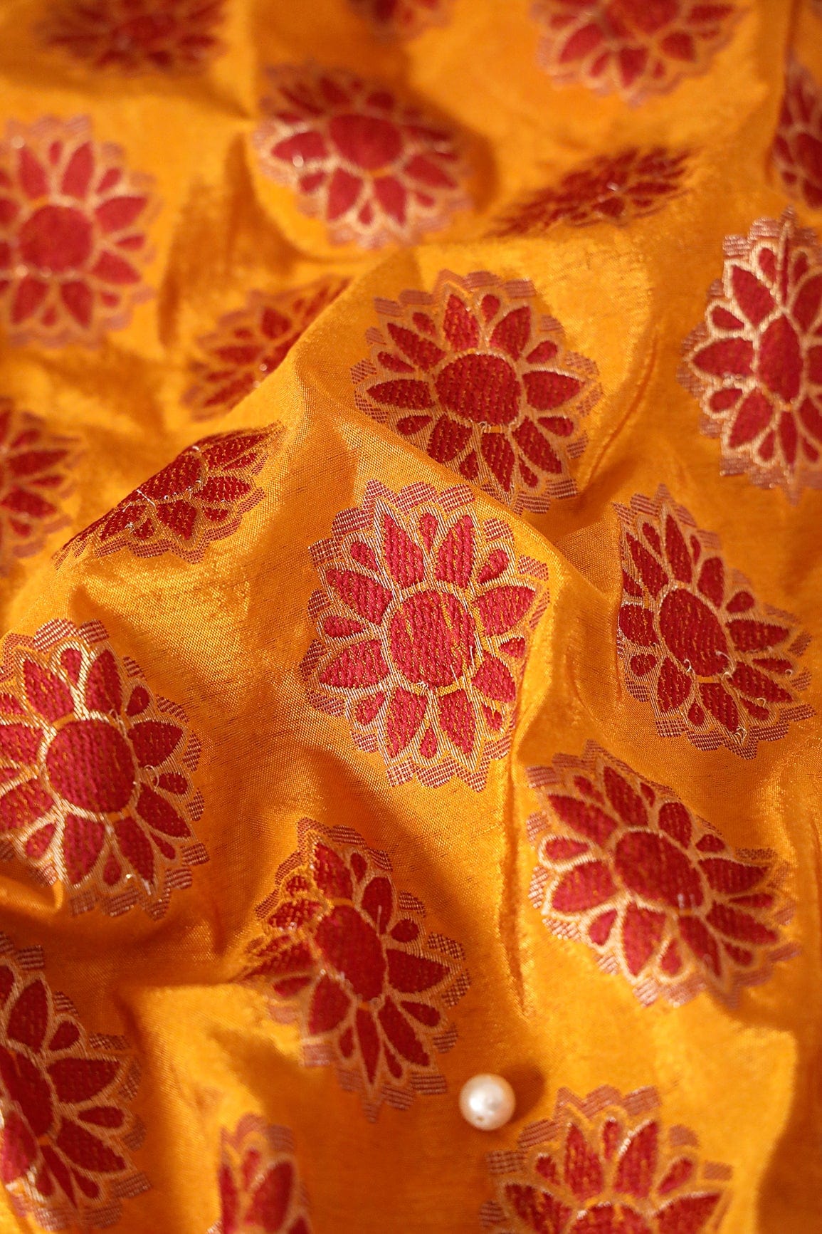 Yellow Ochre And Red Floral Butta Silk Gold Zari Banarasi Jacquard Fabric - doeraa