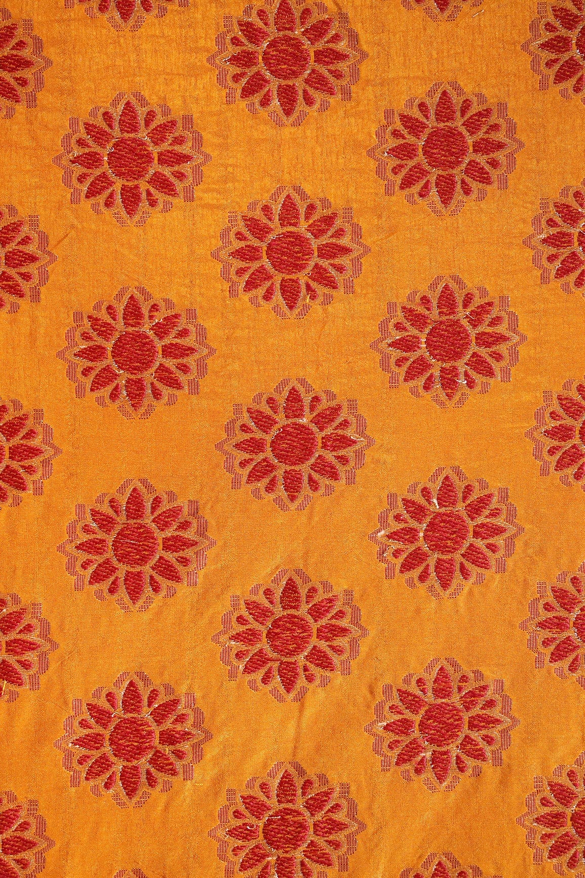 Yellow Ochre And Red Floral Butta Silk Gold Zari Banarasi Jacquard Fabric - doeraa