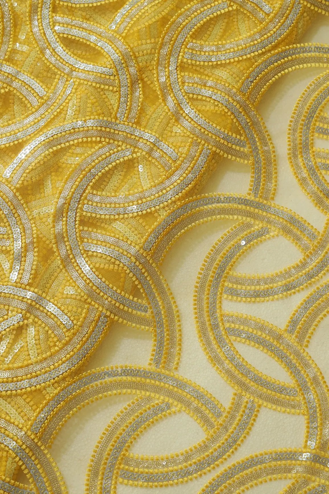 Yellow Thread With Gold And Silver Sequins Geometric Embroidery On Yellow Soft Net Fabric - doeraa