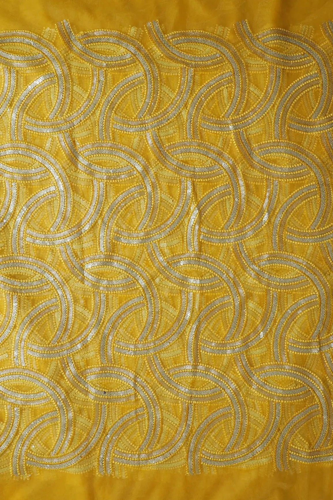 Yellow Thread With Gold And Silver Sequins Geometric Embroidery On Yellow Soft Net Fabric - doeraa