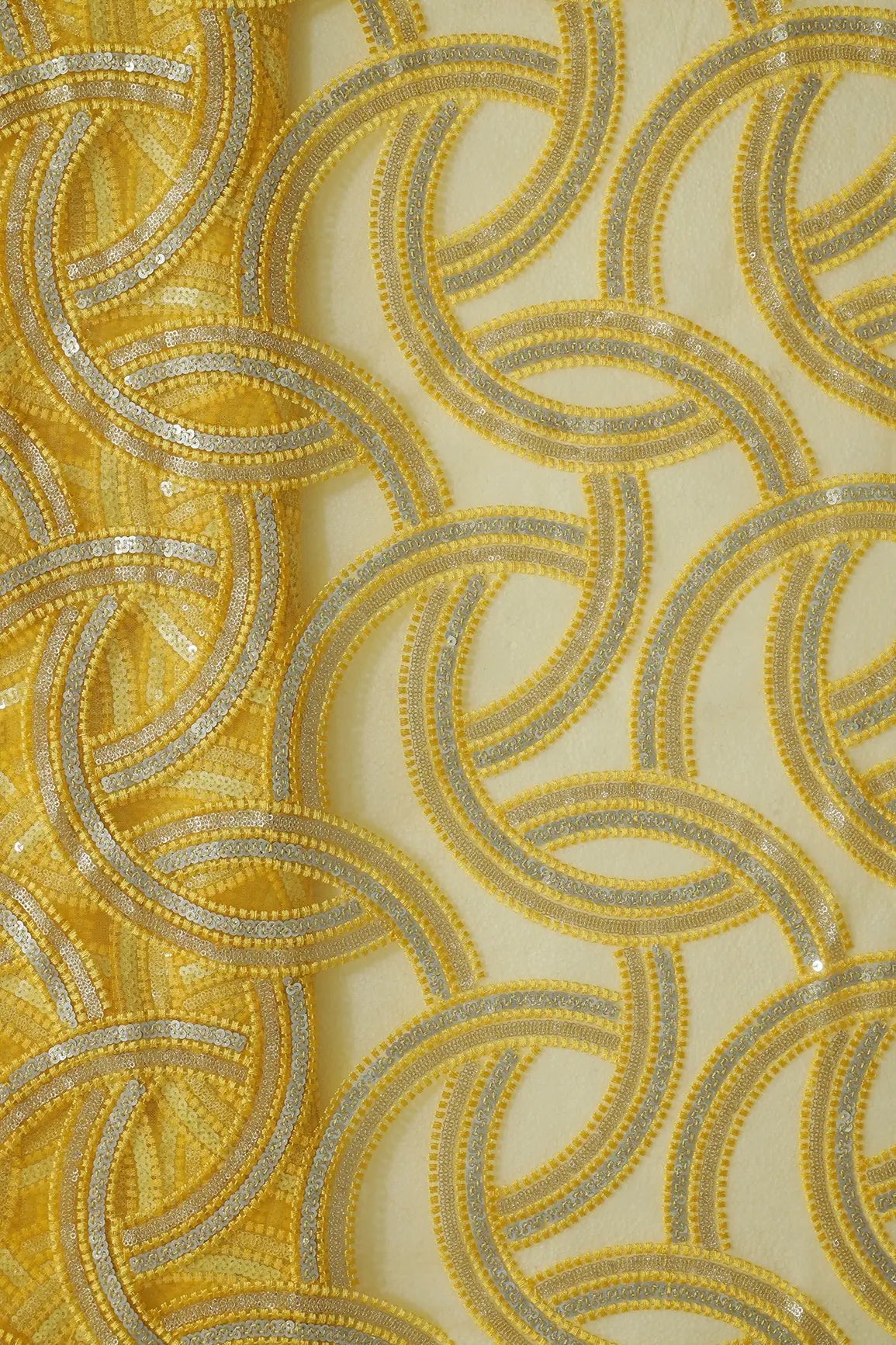 Yellow Thread With Gold And Silver Sequins Geometric Embroidery On Yellow Soft Net Fabric - doeraa