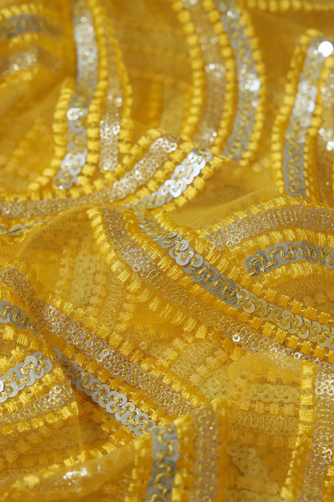 Yellow Thread With Gold And Silver Sequins Geometric Embroidery On Yellow Soft Net Fabric - doeraa