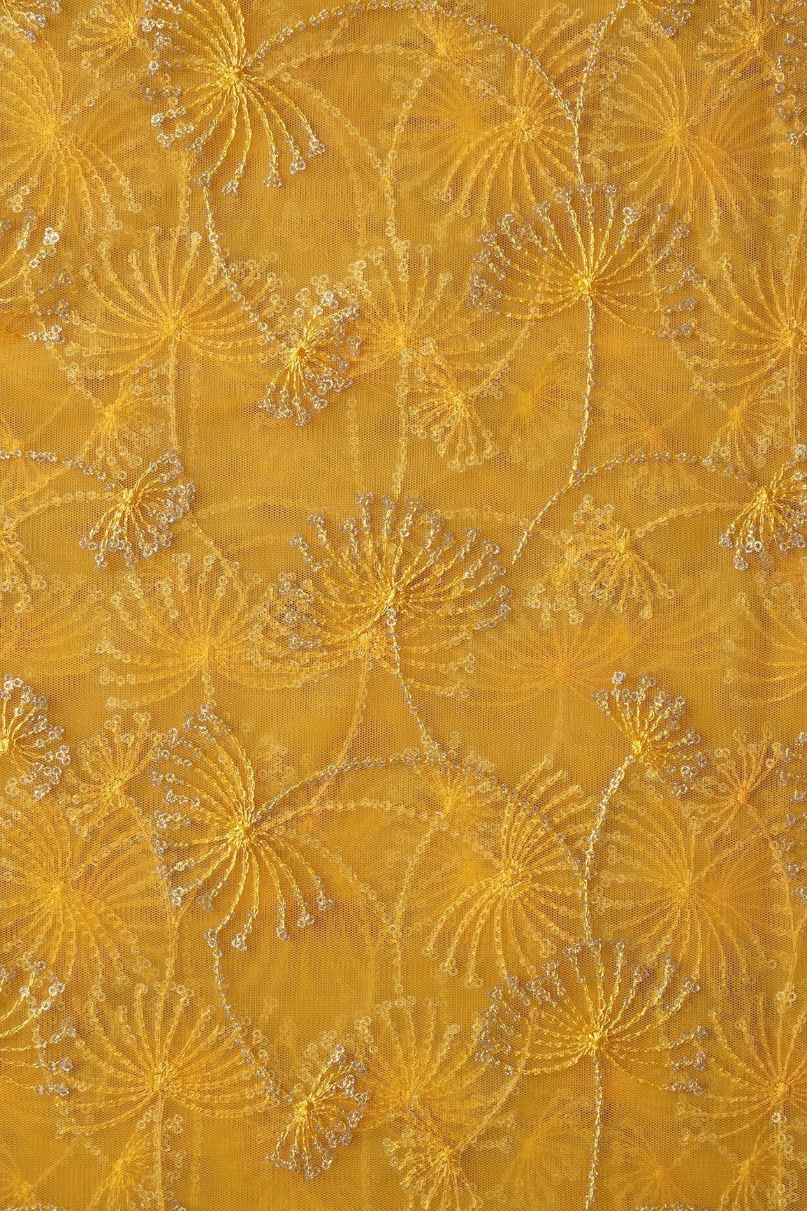 Yellow Thread With Gold Glitter Sequins Floral Embroidery On Yellow Soft Net Fabric - doeraa