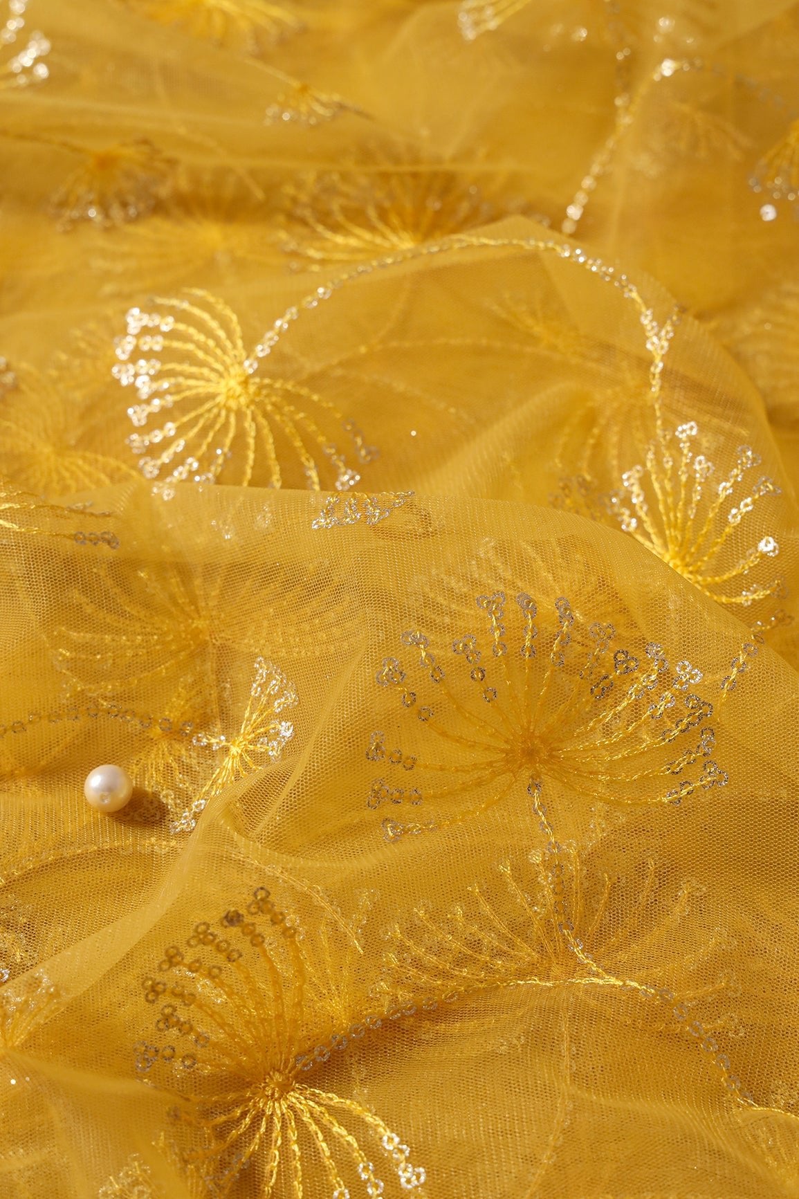 Yellow Thread With Gold Glitter Sequins Floral Embroidery On Yellow Soft Net Fabric - doeraa