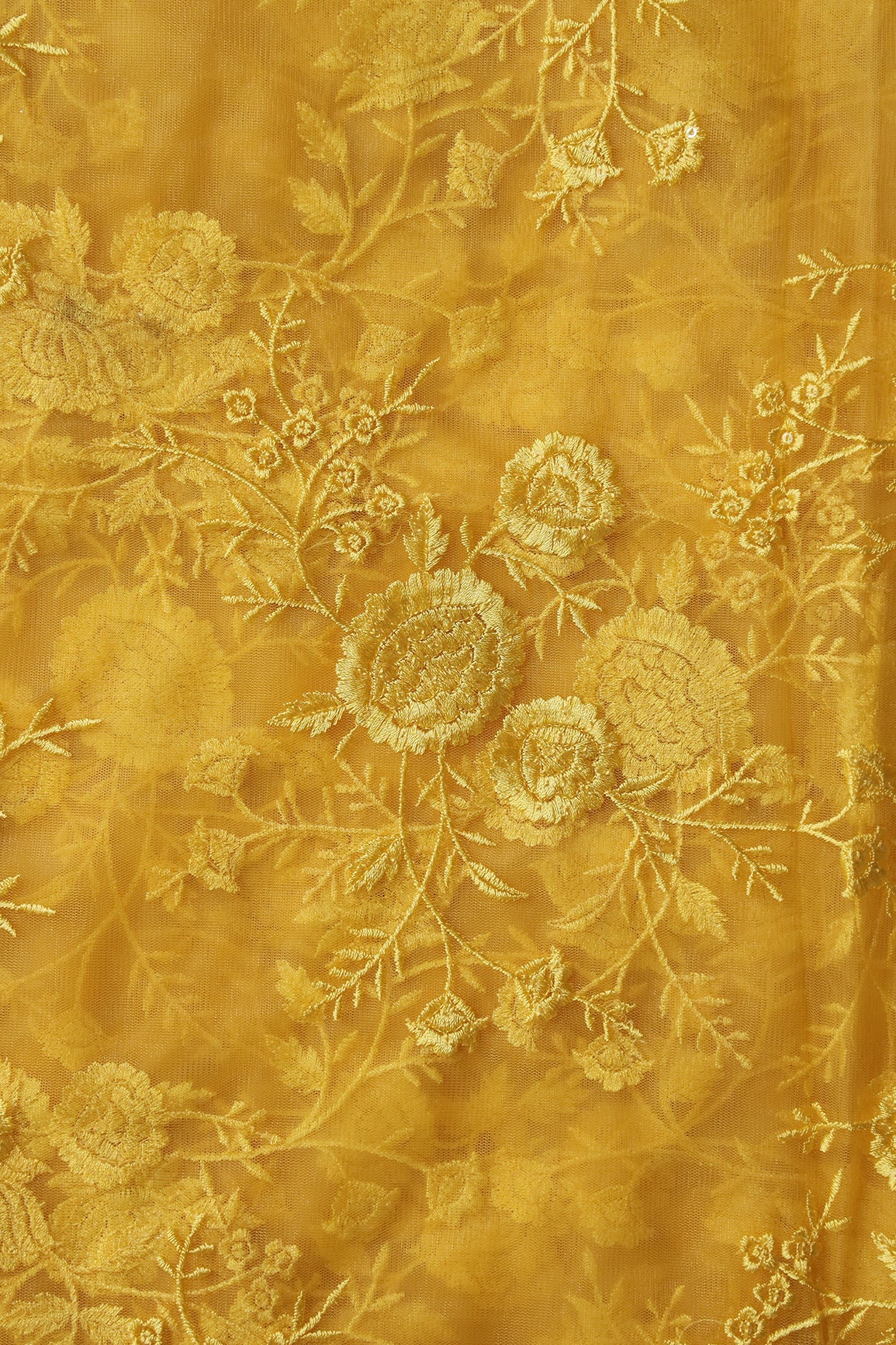 Yellow Thread With Sequins Floral Embroidery On Yellow Soft Net Fabric - doeraa